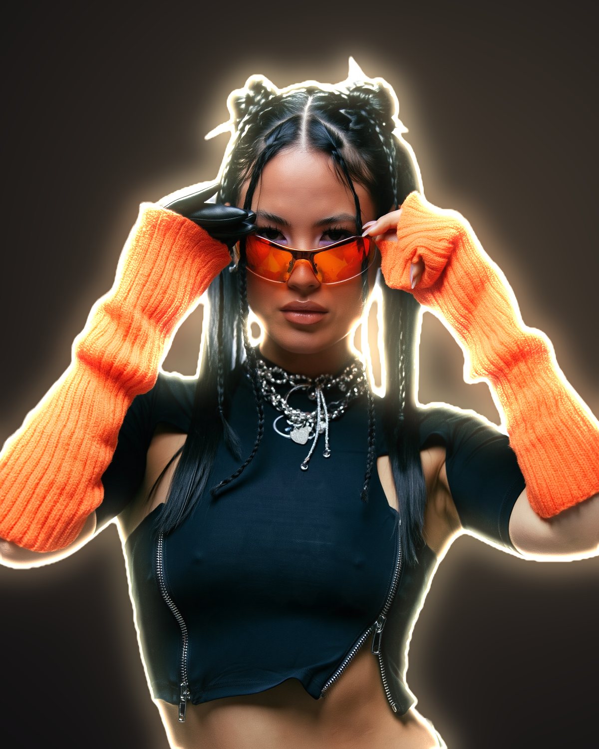 Rim light effect on a portrait of a woman in orange knit sleeves and orange sunglasses, made with the Rim Light filter in Filter Archive (Halo preset)