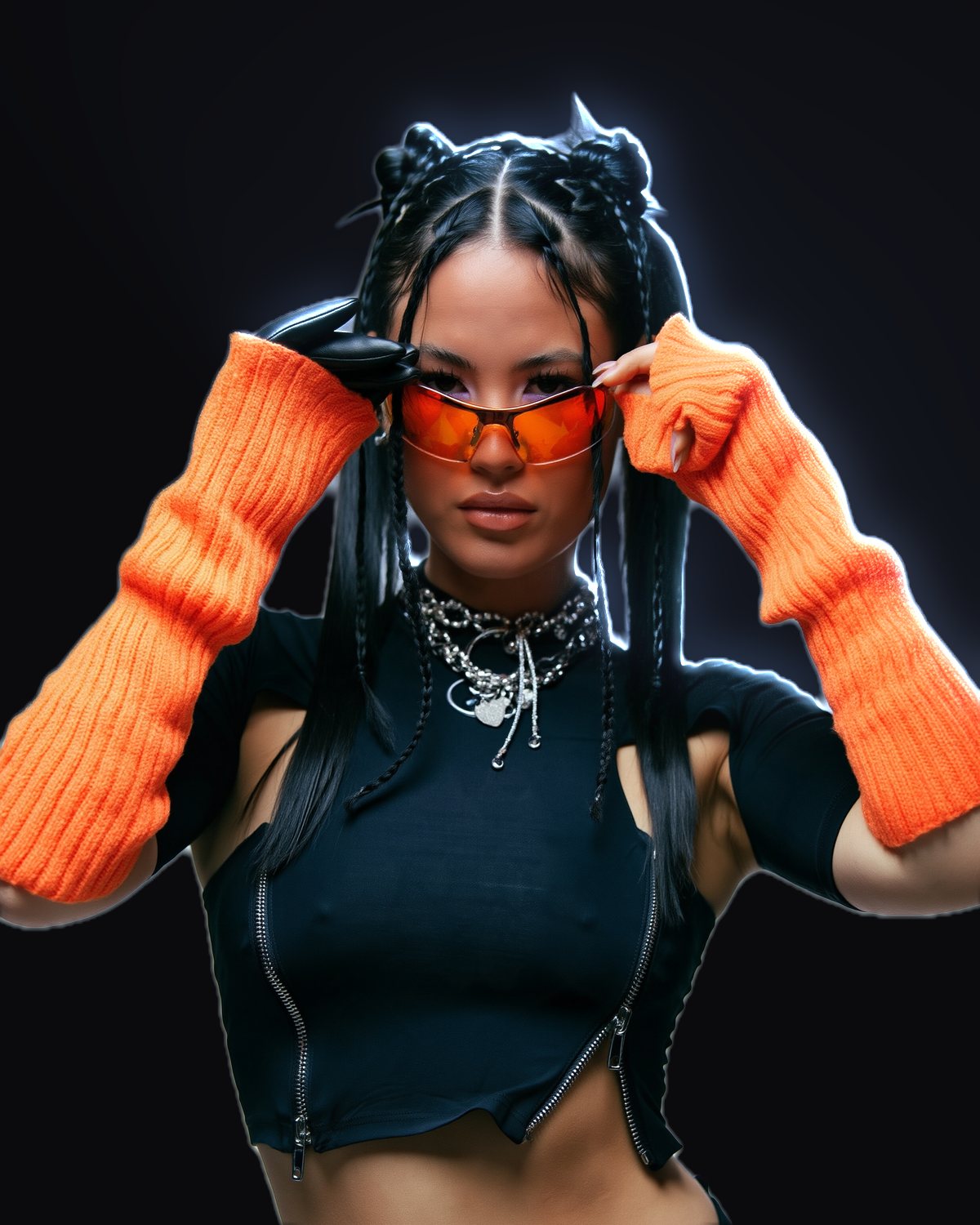 Rim light effect on a portrait of a woman in orange knit sleeves and orange sunglasses, made with the Rim Light filter in Filter Archive (Moonlight preset)