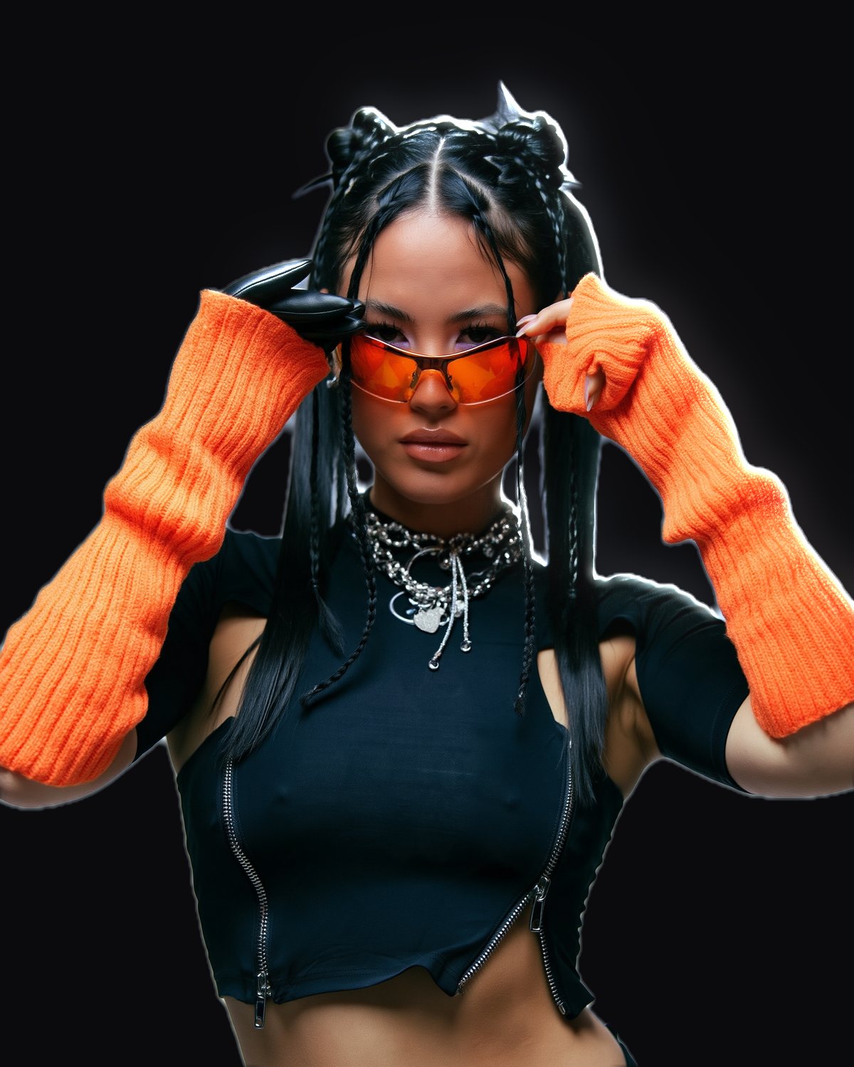 Rim light effect on a portrait of a woman in orange knit sleeves and orange sunglasses, made with the Rim Light filter in Filter Archive (Studio preset)