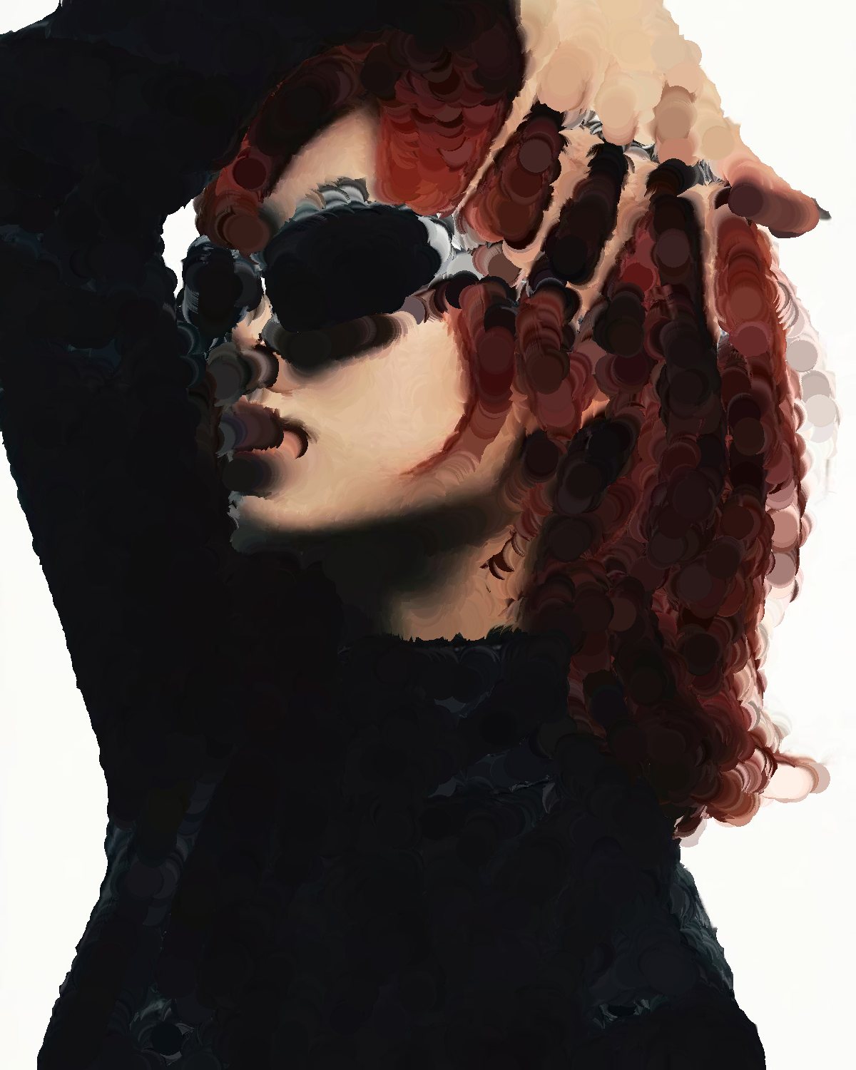 Smear effect on a portrait of a woman with red hair in chrome sunglasses, made with the Smudge filter in Filter Archive (Swell preset)