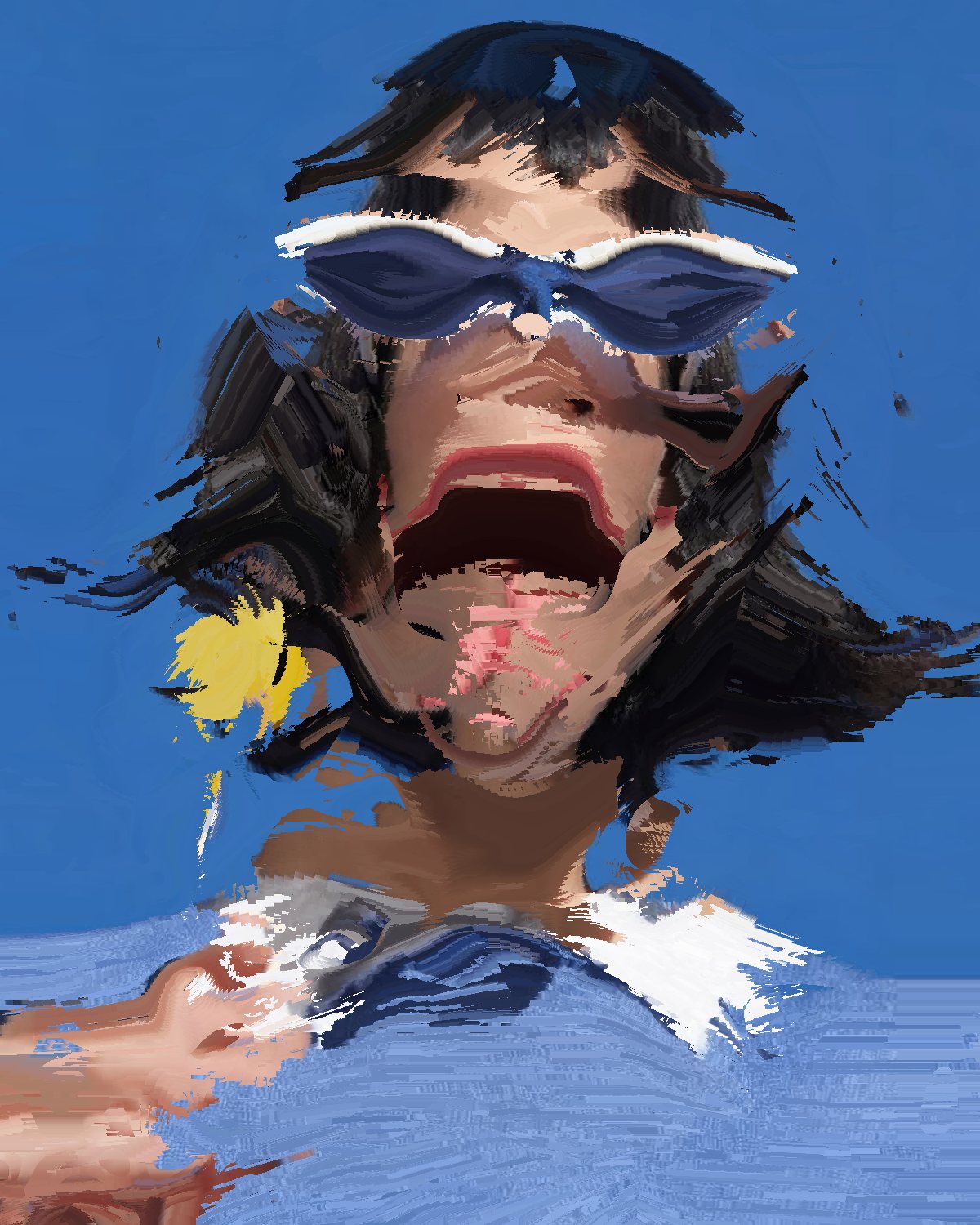 Smear effect on a portrait of a woman in white sunglasses with a lollipop, made with the Smudge filter in Filter Archive (Combed Close preset)