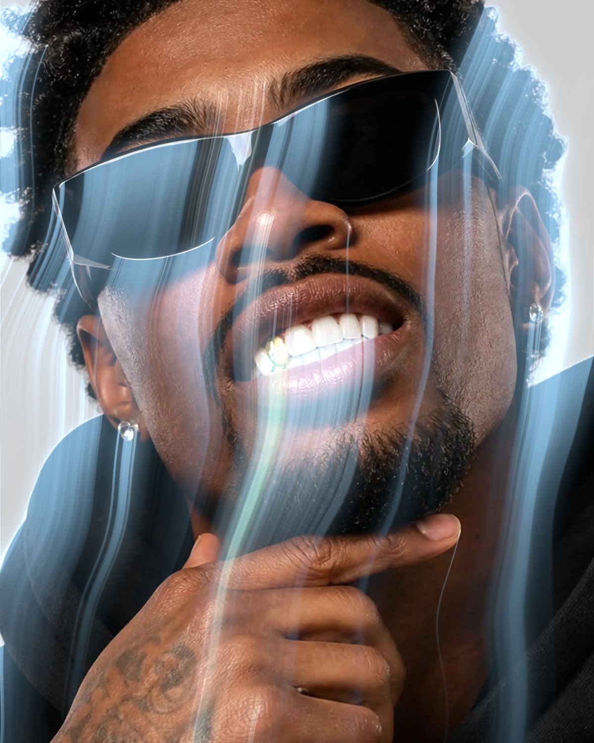 Smoke effect on a portrait of a man in black sunglasses, made with the Mist filter in Filter Archive (Dry Ice preset)