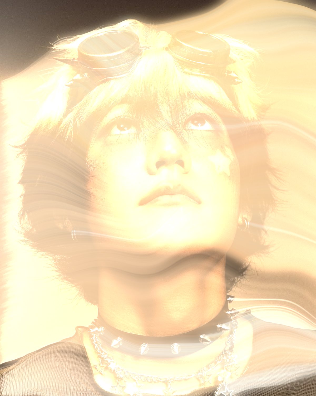 Smoke effect on a portrait of a person with goggles looking up, made with the Mist filter in Filter Archive (Gale preset)