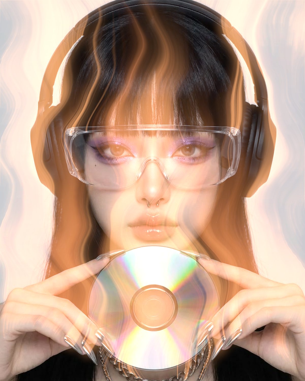 Smoke effect on a portrait of a woman in headphones holding a CD, made with the Mist filter in Filter Archive (Ember preset)