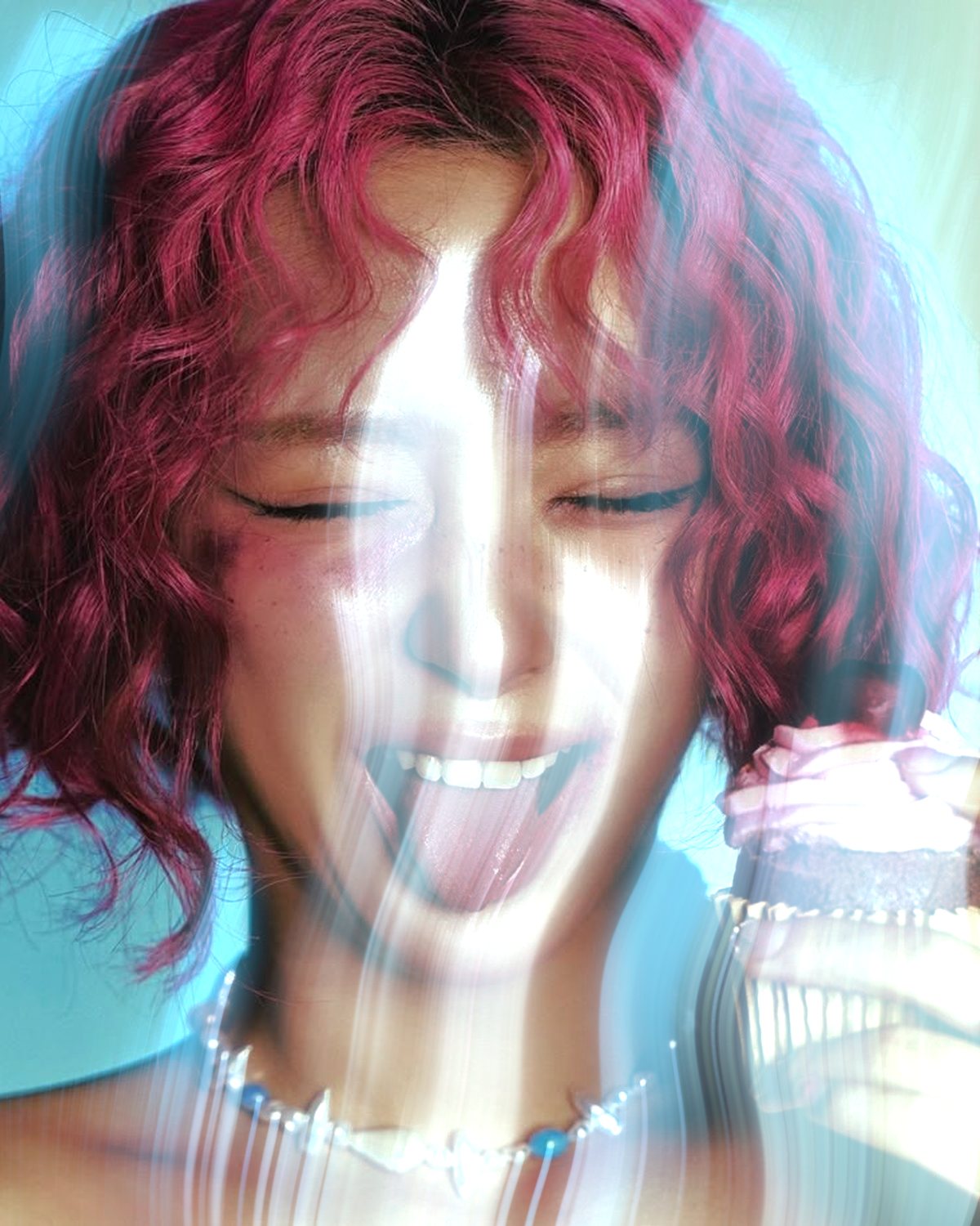 Smoke effect on a portrait of a laughing woman with pink curly hair, made with the Mist filter in Filter Archive (Dry Ice preset)