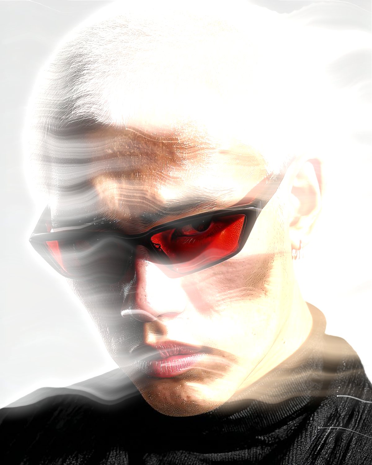 Smoke effect on a portrait of a man with silver hair and red sunglasses, made with the Mist filter in Filter Archive (Breath preset)