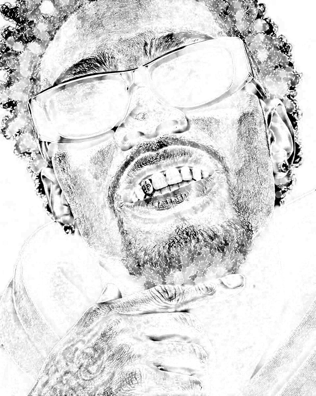 Smear effect on a portrait of a man in black sunglasses, made with the Smudge filter in Filter Archive (Bottom Hat preset)