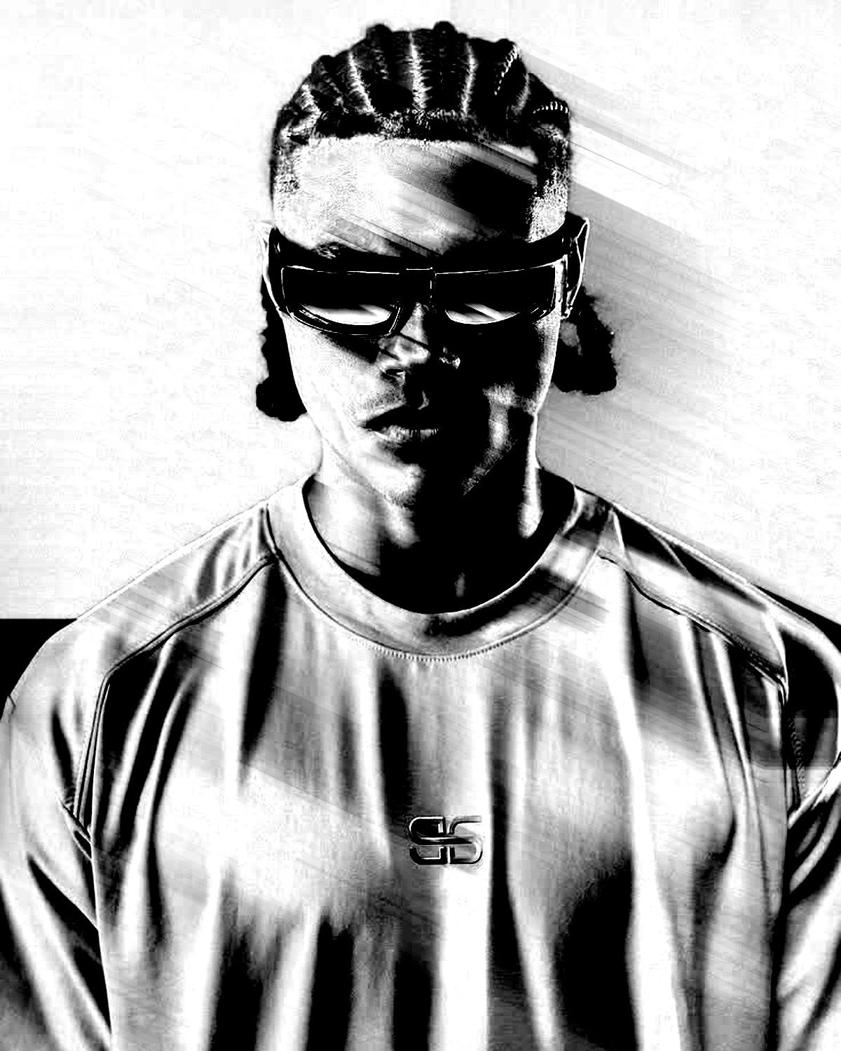 Smear effect on a portrait of a man in sunglasses on a red background, made with the Smudge filter in Filter Archive (Bottom Hat, Combed preset)