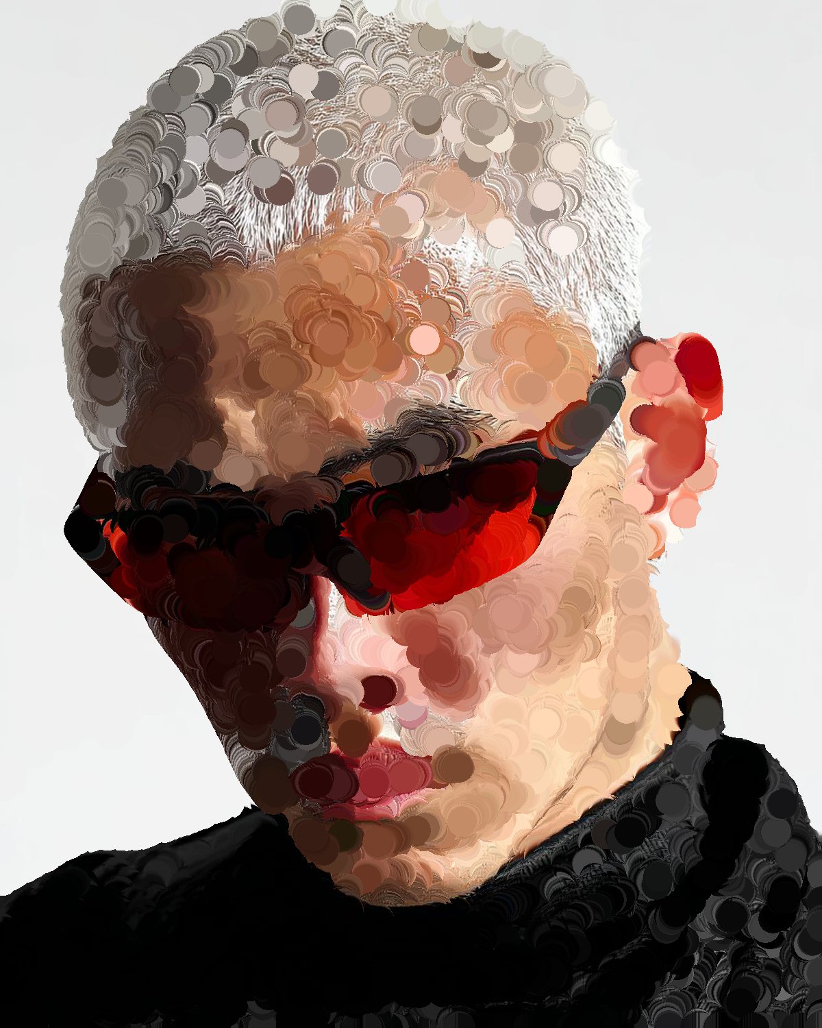 Smear effect on a portrait of a man with silver hair and red sunglasses, made with the Smudge filter in Filter Archive (Swell preset)
