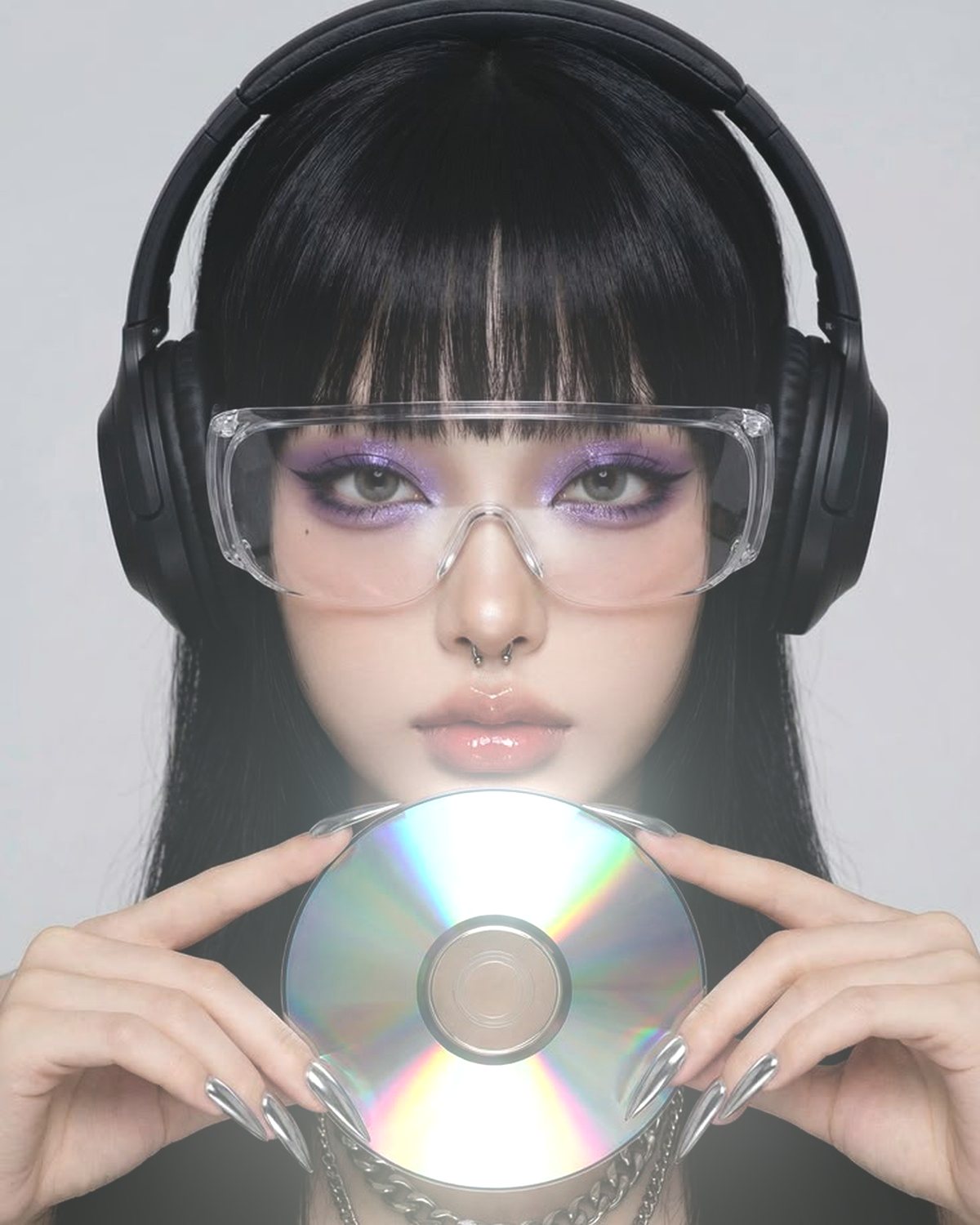 Soft glow effect on a portrait of a woman in headphones holding a CD, made with the Glow Up filter in Filter Archive (Neon preset)