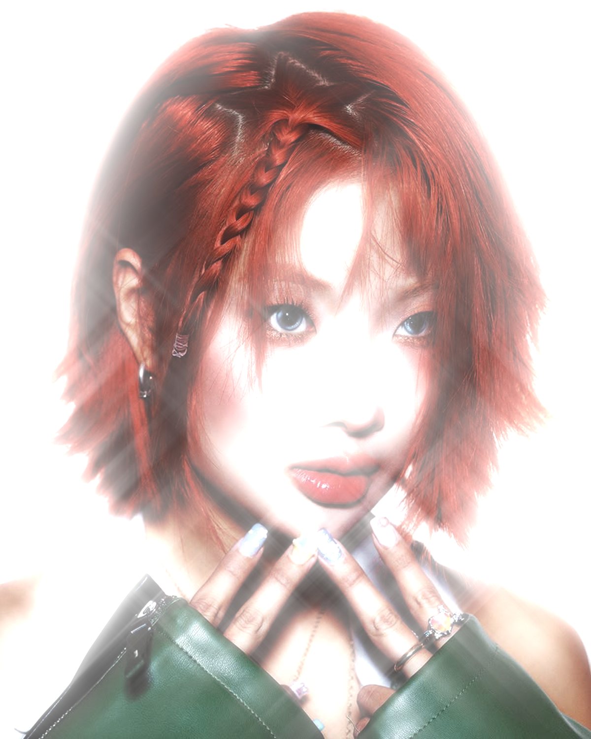 Star filter effect on a portrait of a woman with copper red hair, made with the Starlight filter in Filter Archive (Whole Frame preset)