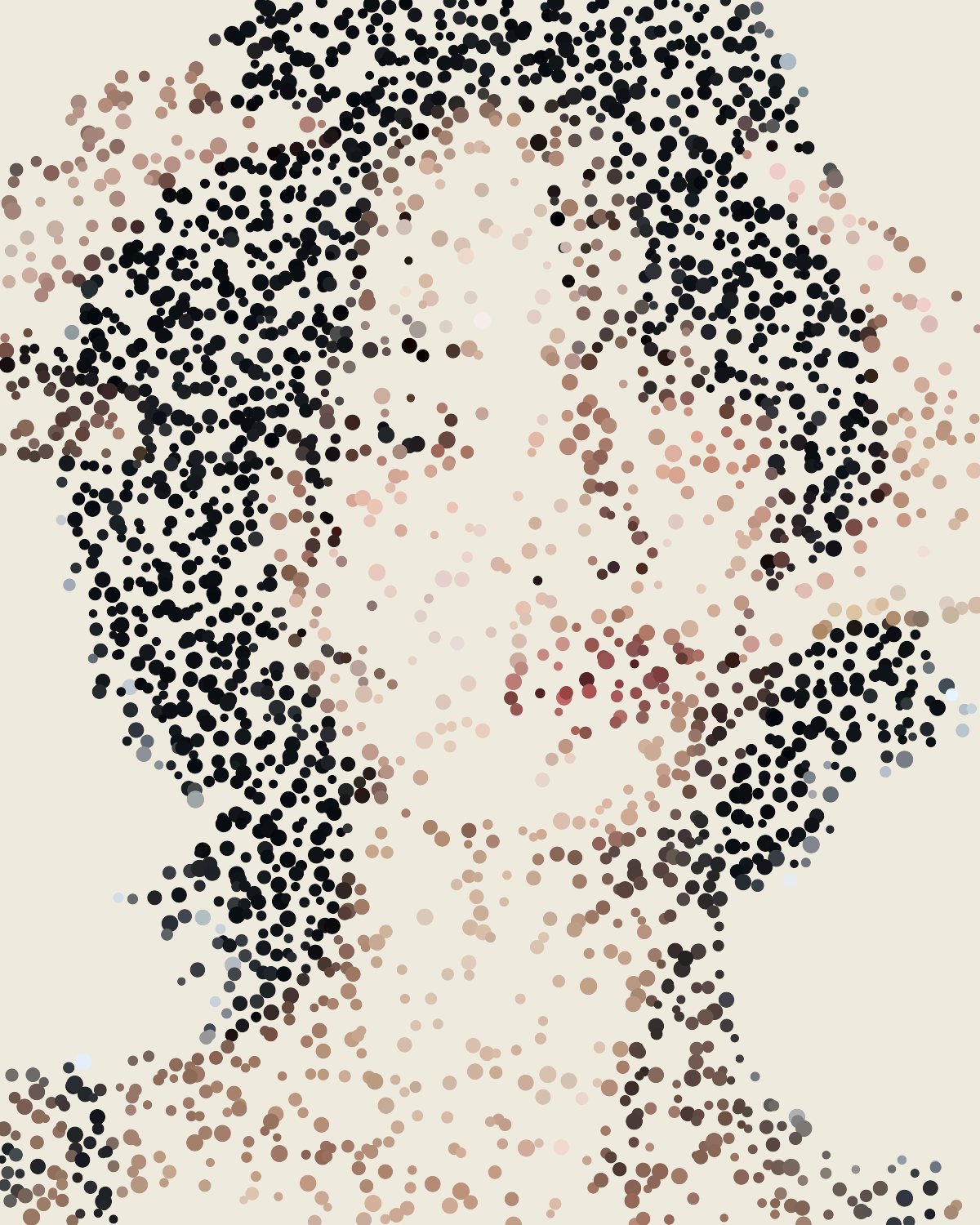 Stipple effect on a portrait of a woman with black hair, hands on her head, made with the Stipple filter in Filter Archive (Pointillist preset)