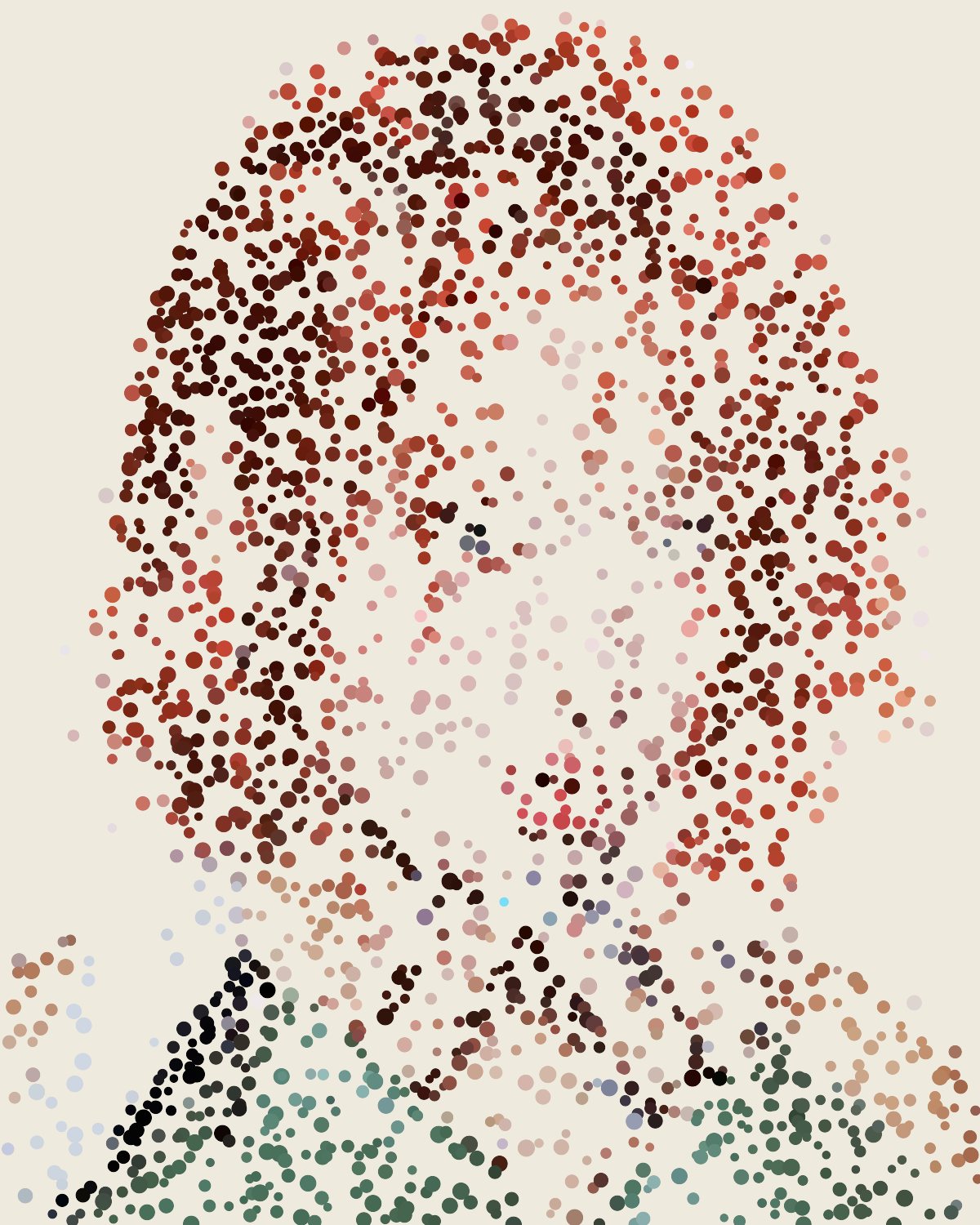 Stipple effect on a portrait of a woman with copper red hair, made with the Stipple filter in Filter Archive (Pointillist preset)