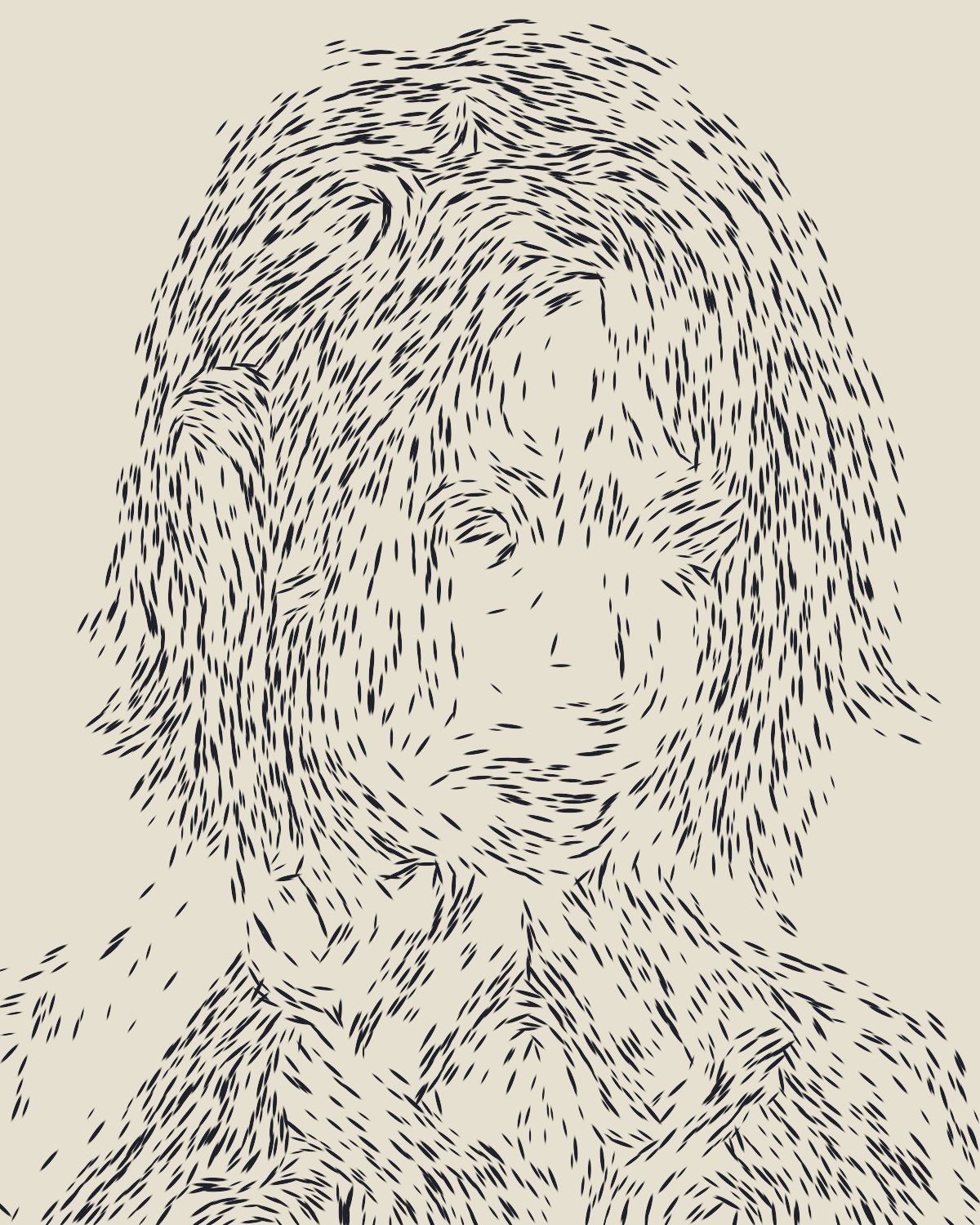 Stipple effect on a portrait of a woman with copper red hair, made with the Stipple filter in Filter Archive (Chalk preset)