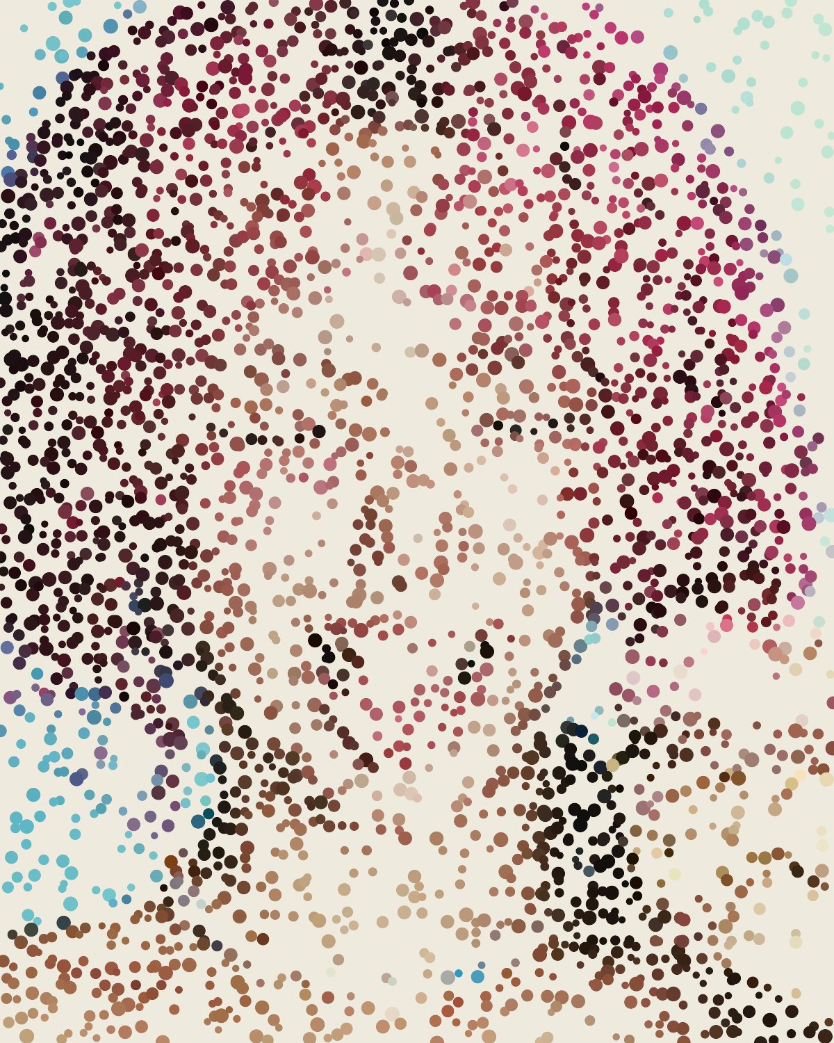 Stipple effect on a portrait of a laughing woman with pink curly hair, made with the Stipple filter in Filter Archive (Pointillist preset)