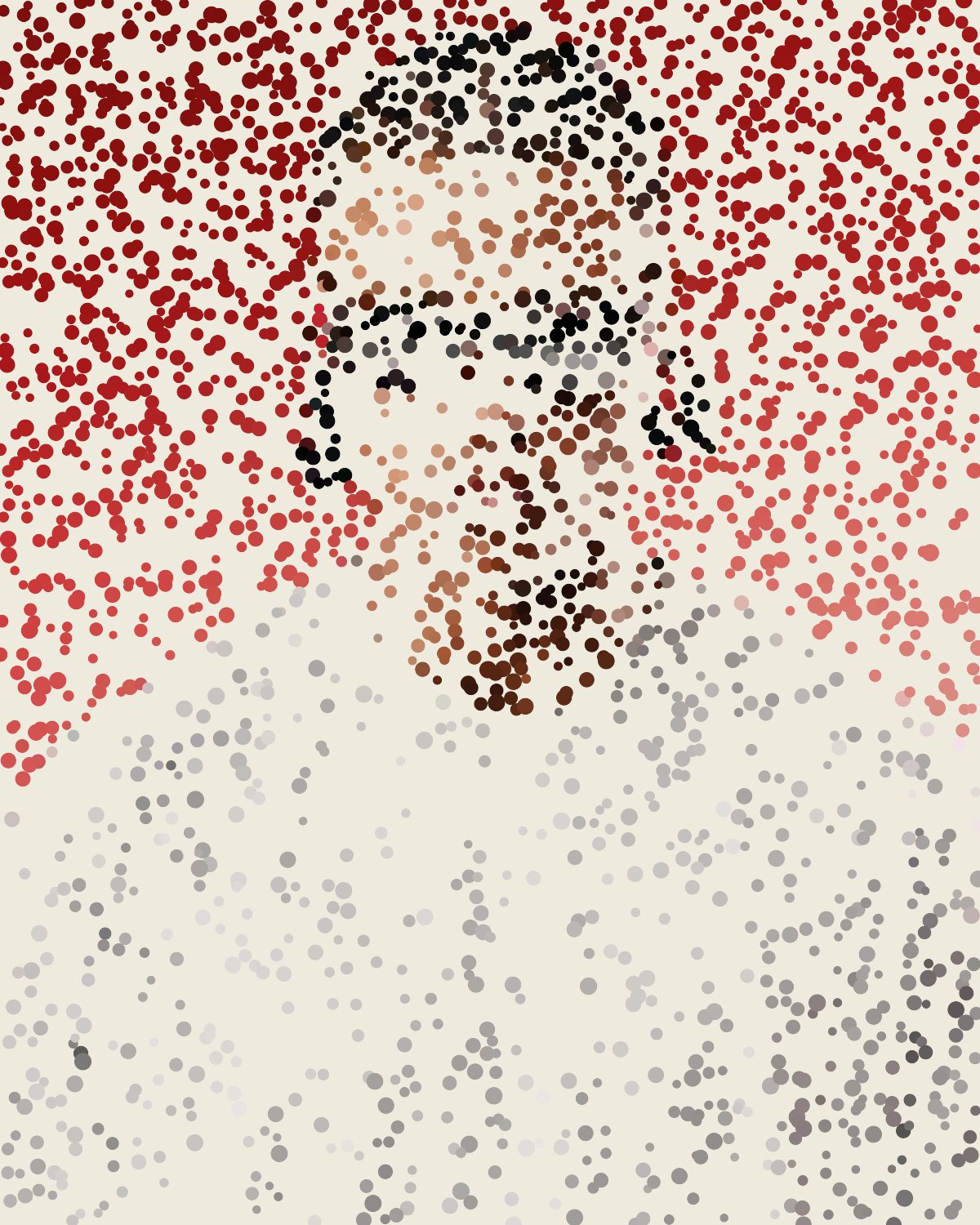 Stipple effect on a portrait of a man in sunglasses on a red background, made with the Stipple filter in Filter Archive (Pointillist preset)