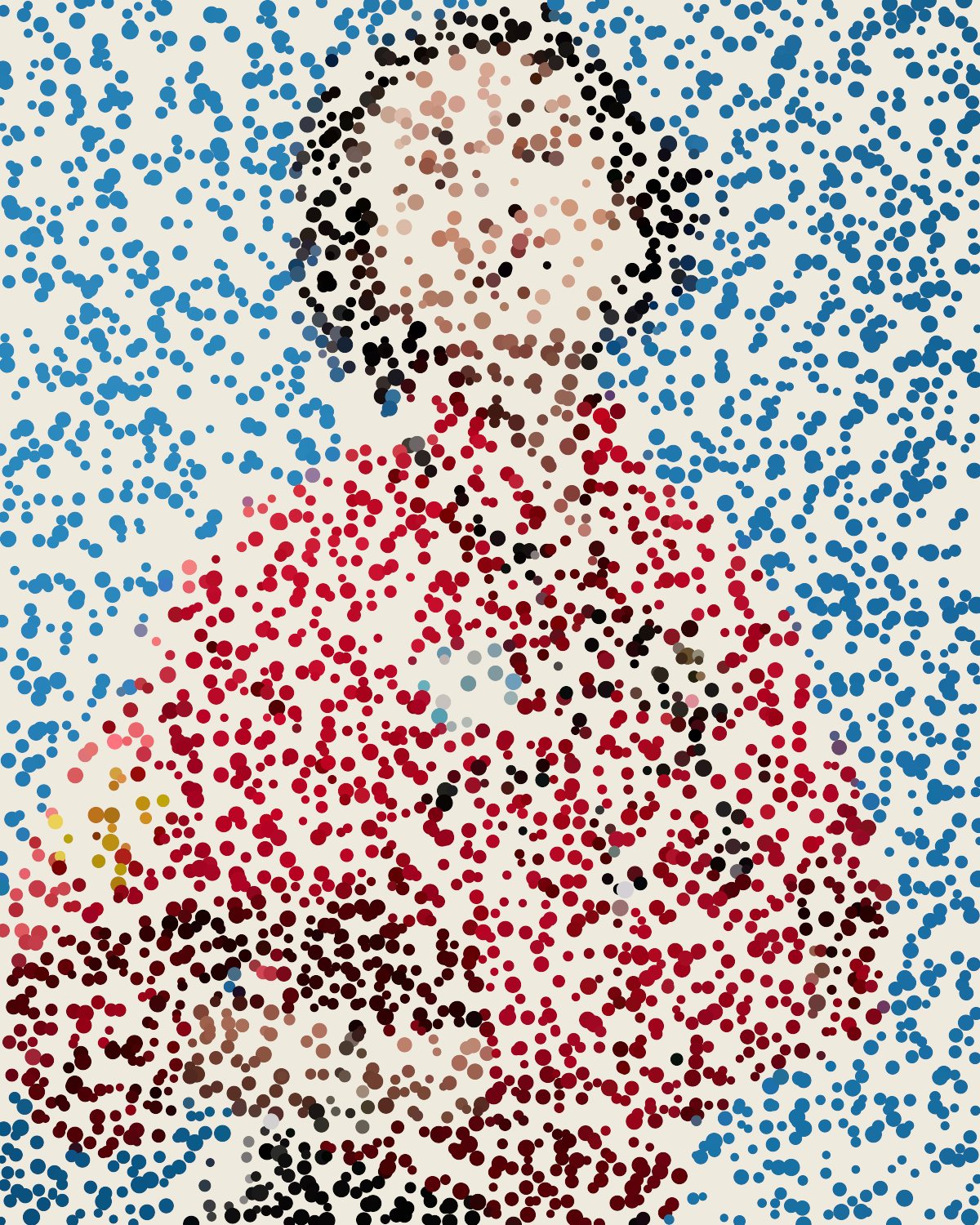 Stipple effect on a portrait of a woman in a red jacket on a blue background, made with the Stipple filter in Filter Archive (Pointillist preset)