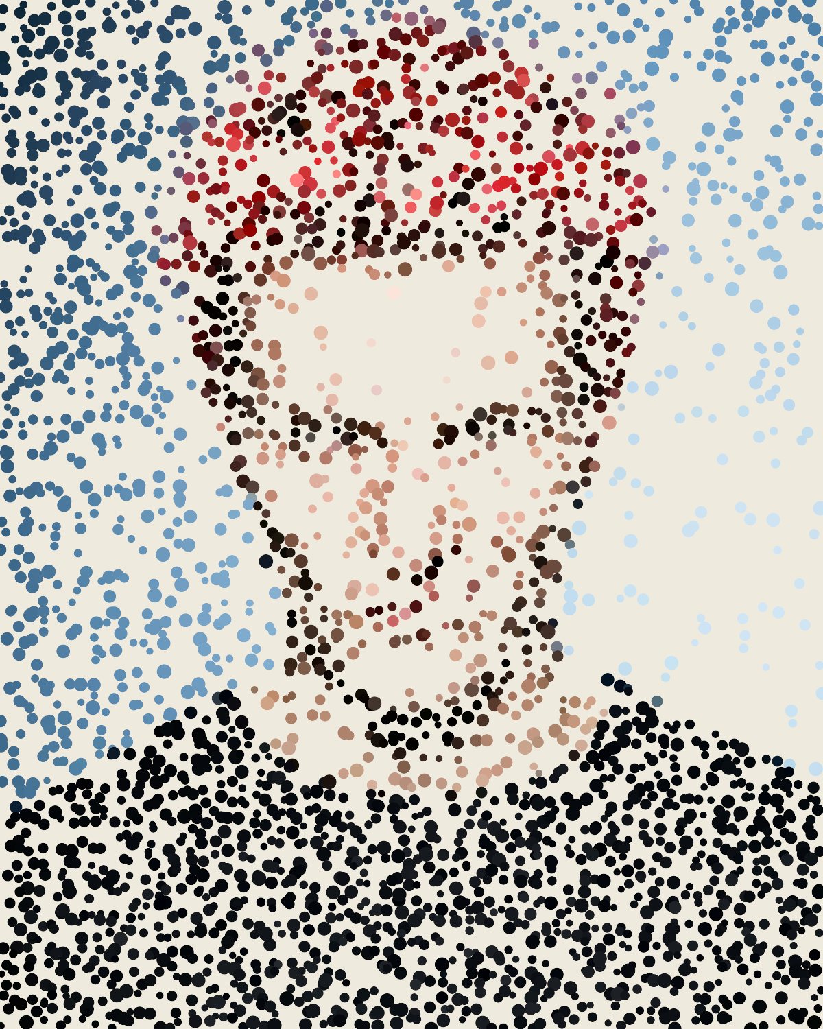 Stipple effect on a portrait of a man with spiky red hair on a blue background, made with the Stipple filter in Filter Archive (Pointillist preset)