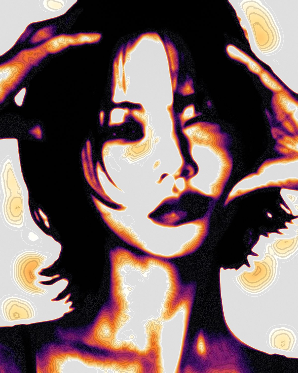 Thermal camera effect on a portrait of a woman with black hair, hands on her head, made with the Thermal filter in Filter Archive (Ironbow preset)