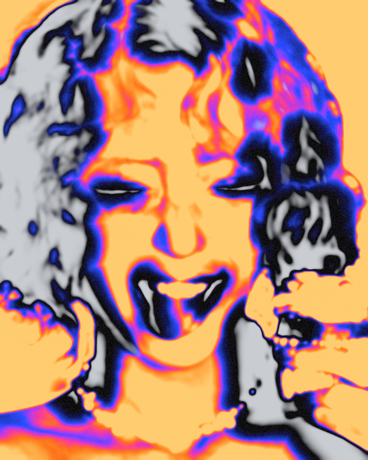 Thermal camera effect on a portrait of a laughing woman with pink curly hair, made with the Thermal filter in Filter Archive (Ember preset)
