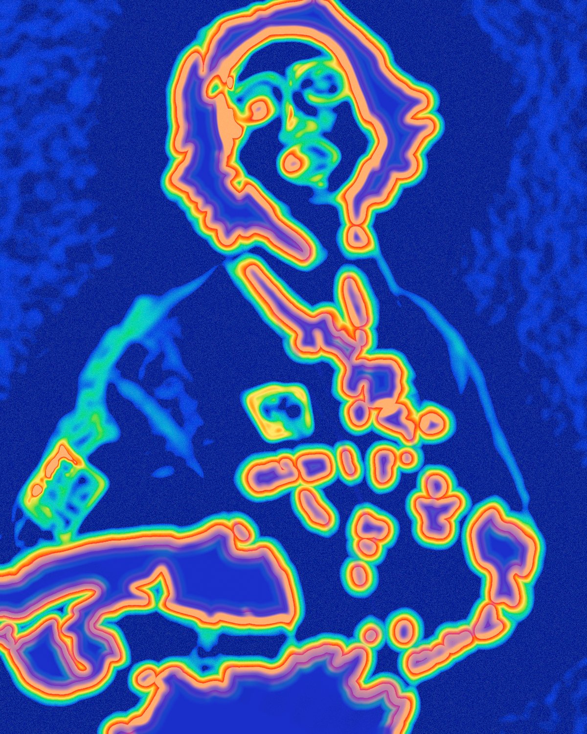 Thermal camera effect on a portrait of a woman in a red jacket on a blue background, made with the Thermal filter in Filter Archive (Scope preset)