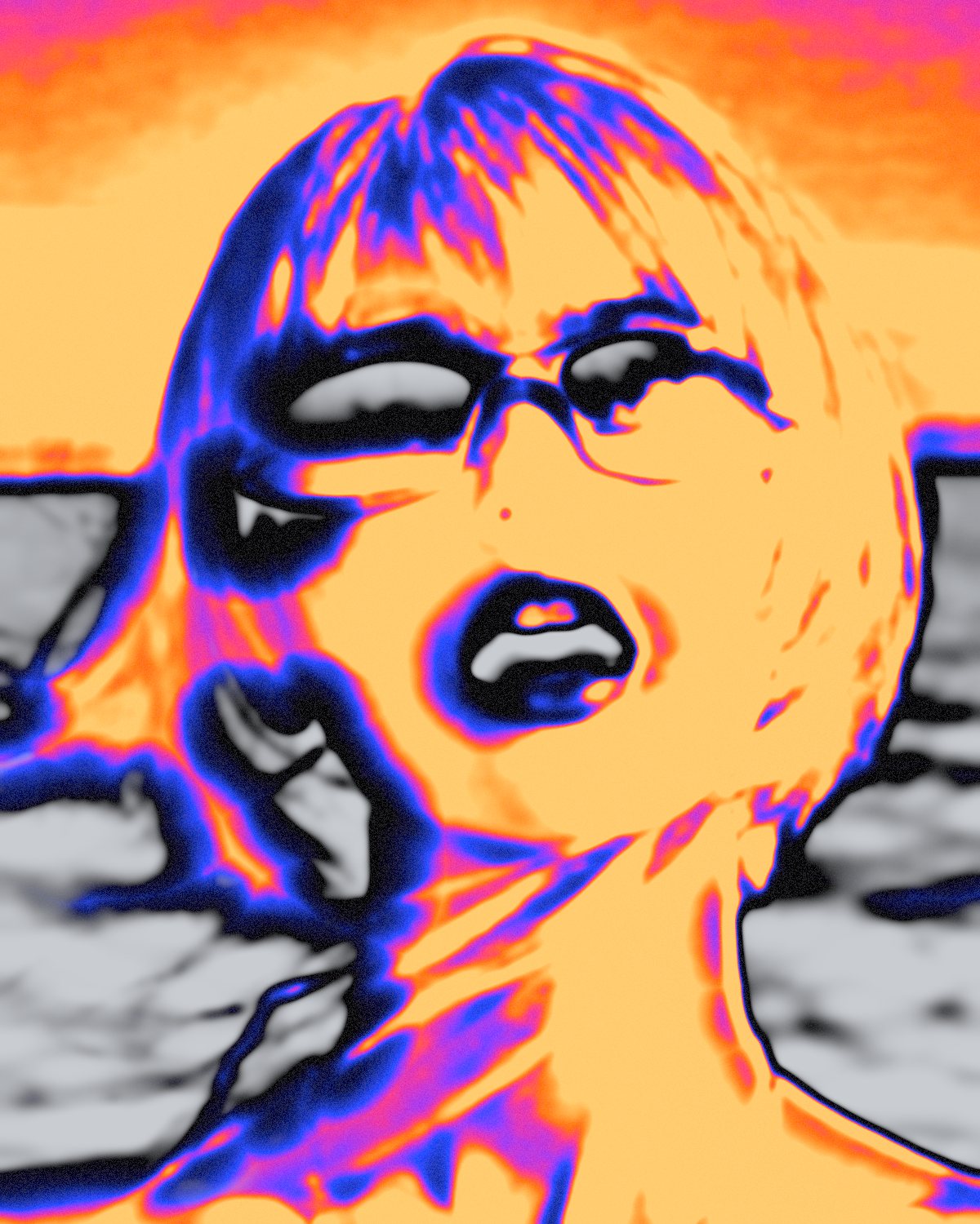 Thermal camera effect on a portrait of a woman with silver hair and blue sunglasses by the sea, made with the Thermal filter in Filter Archive (Ember preset)