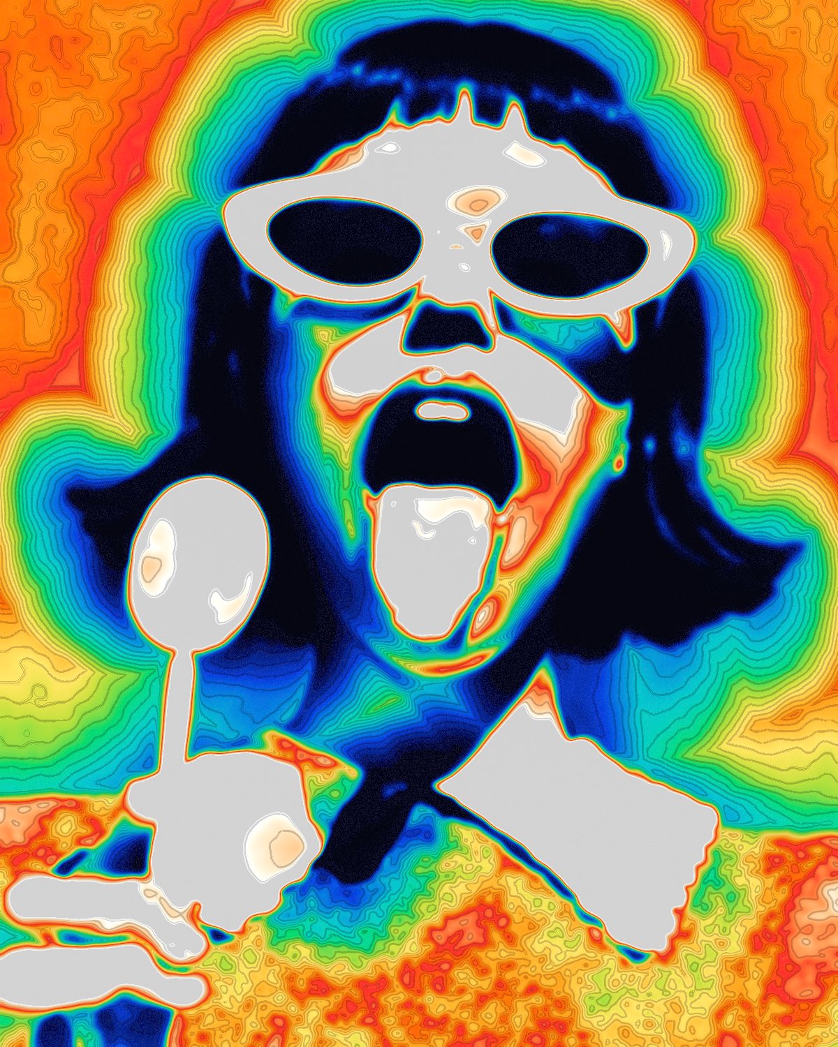 Thermal camera effect on a portrait of a woman in white sunglasses with a lollipop, made with the Thermal filter in Filter Archive (Scan preset)