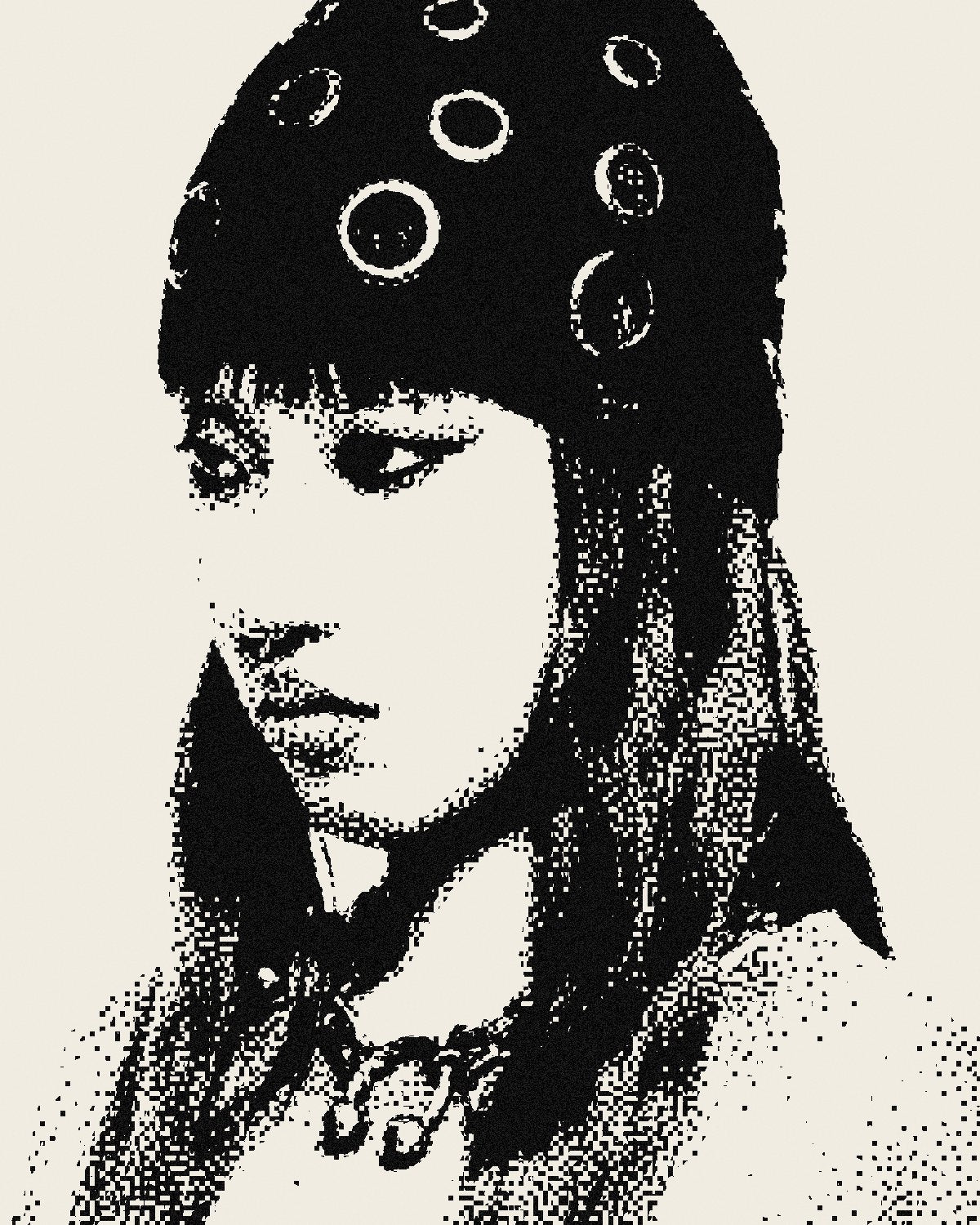 Threshold effect on a portrait of a woman with red hair in a studded beanie, made with the Threshold Plus filter in Filter Archive (Toner preset)