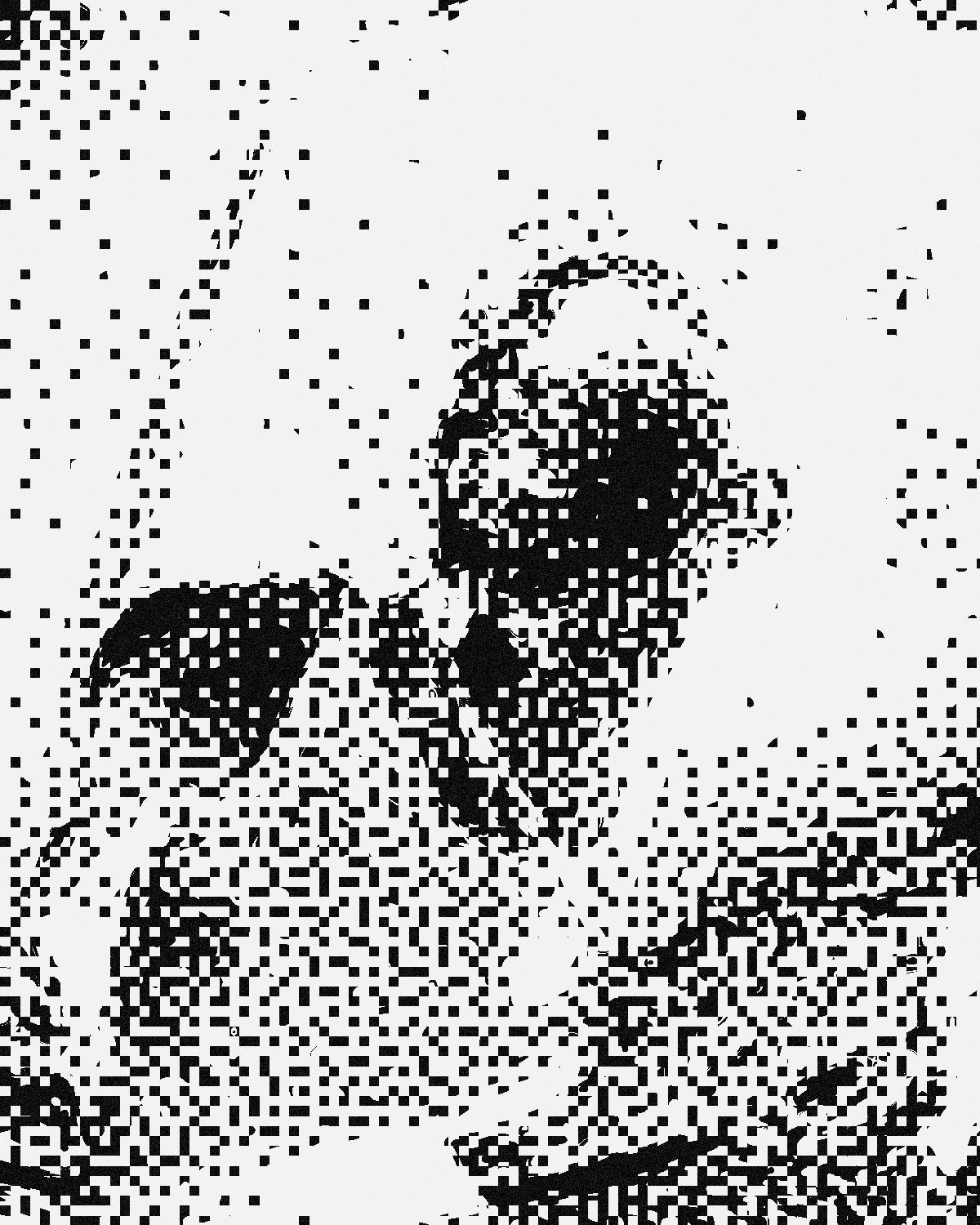 Threshold effect on a portrait of a woman in sunglasses against a blue sky, made with the Threshold Plus filter in Filter Archive (Spray Stencil preset)