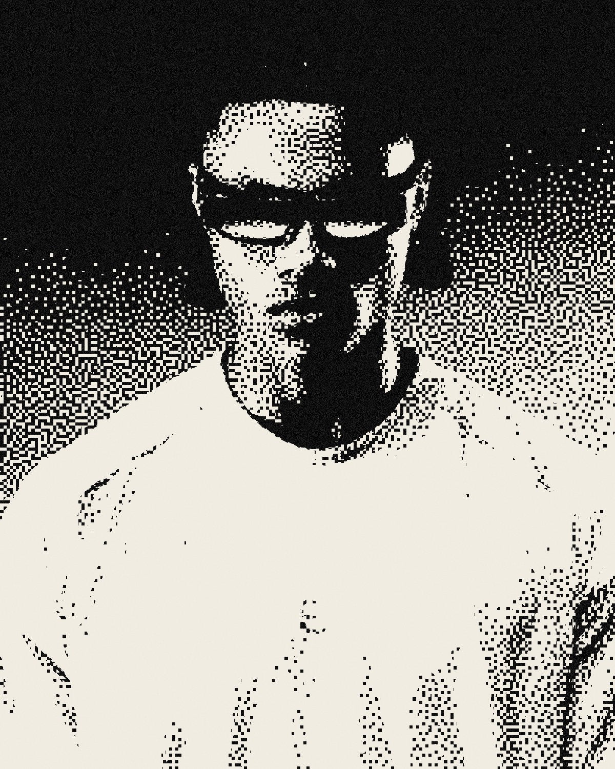 Threshold effect on a portrait of a man in sunglasses on a red background, made with the Threshold Plus filter in Filter Archive (Toner preset)
