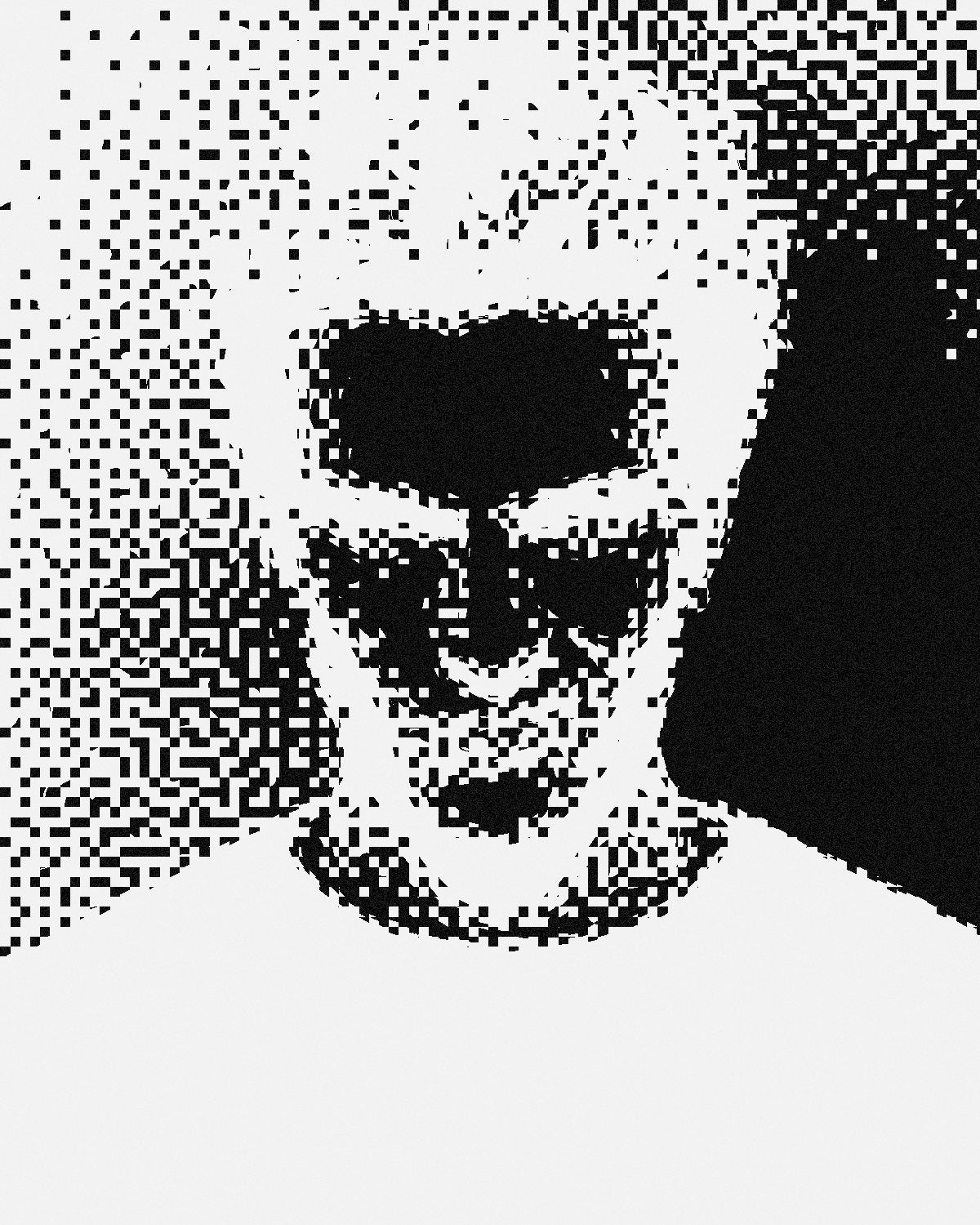 Threshold effect on a portrait of a man with spiky red hair on a blue background, made with the Threshold Plus filter in Filter Archive (Spray Stencil preset)