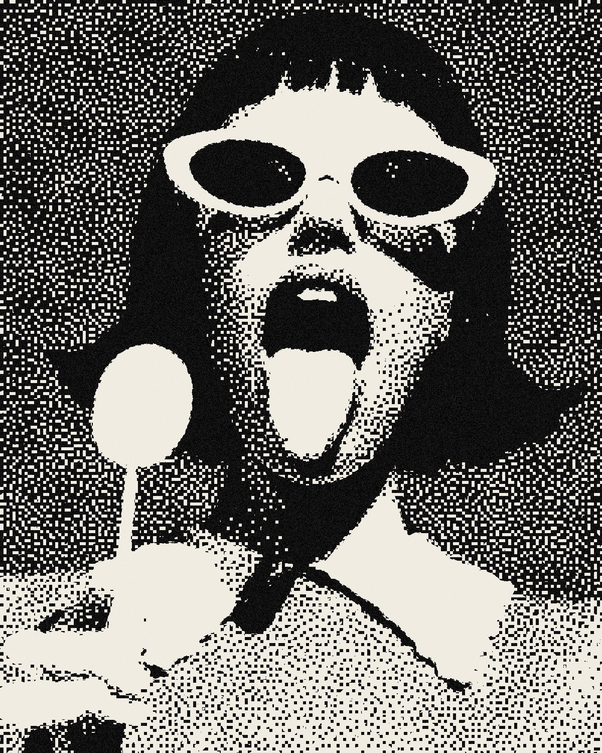 Threshold effect on a portrait of a woman in white sunglasses with a lollipop, made with the Threshold Plus filter in Filter Archive (Toner preset)