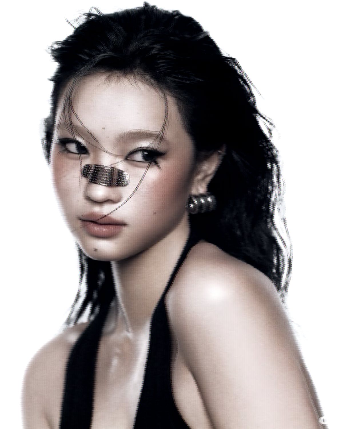 TV glitch effect on a portrait of a woman with a nose strip on a white background, made with the Broadcast filter in Filter Archive (Crushed preset)