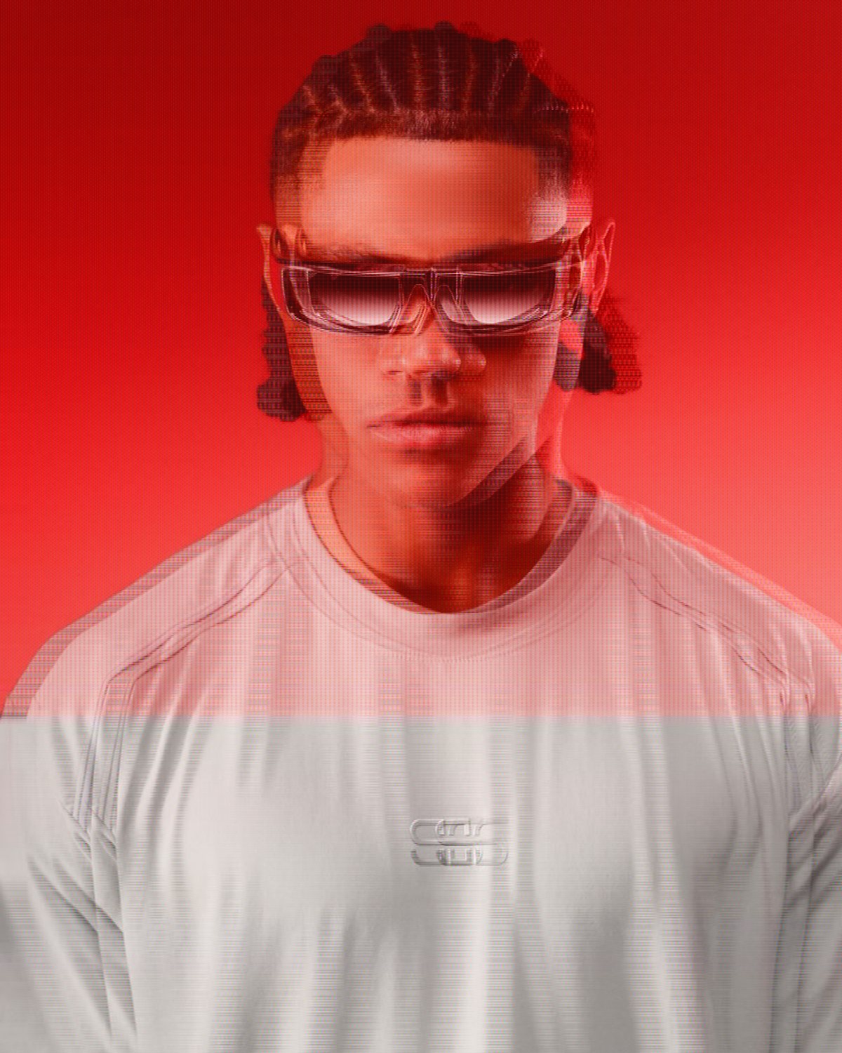 TV glitch effect on a portrait of a man in sunglasses on a red background, made with the Broadcast filter in Filter Archive (Fast Pan preset)