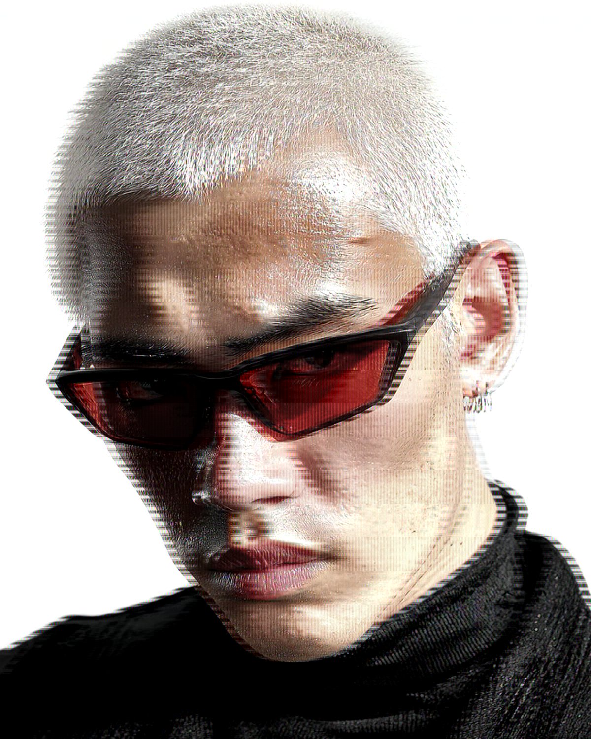 TV glitch effect on a portrait of a man with silver hair and red sunglasses, made with the Broadcast filter in Filter Archive (Every Generation preset)