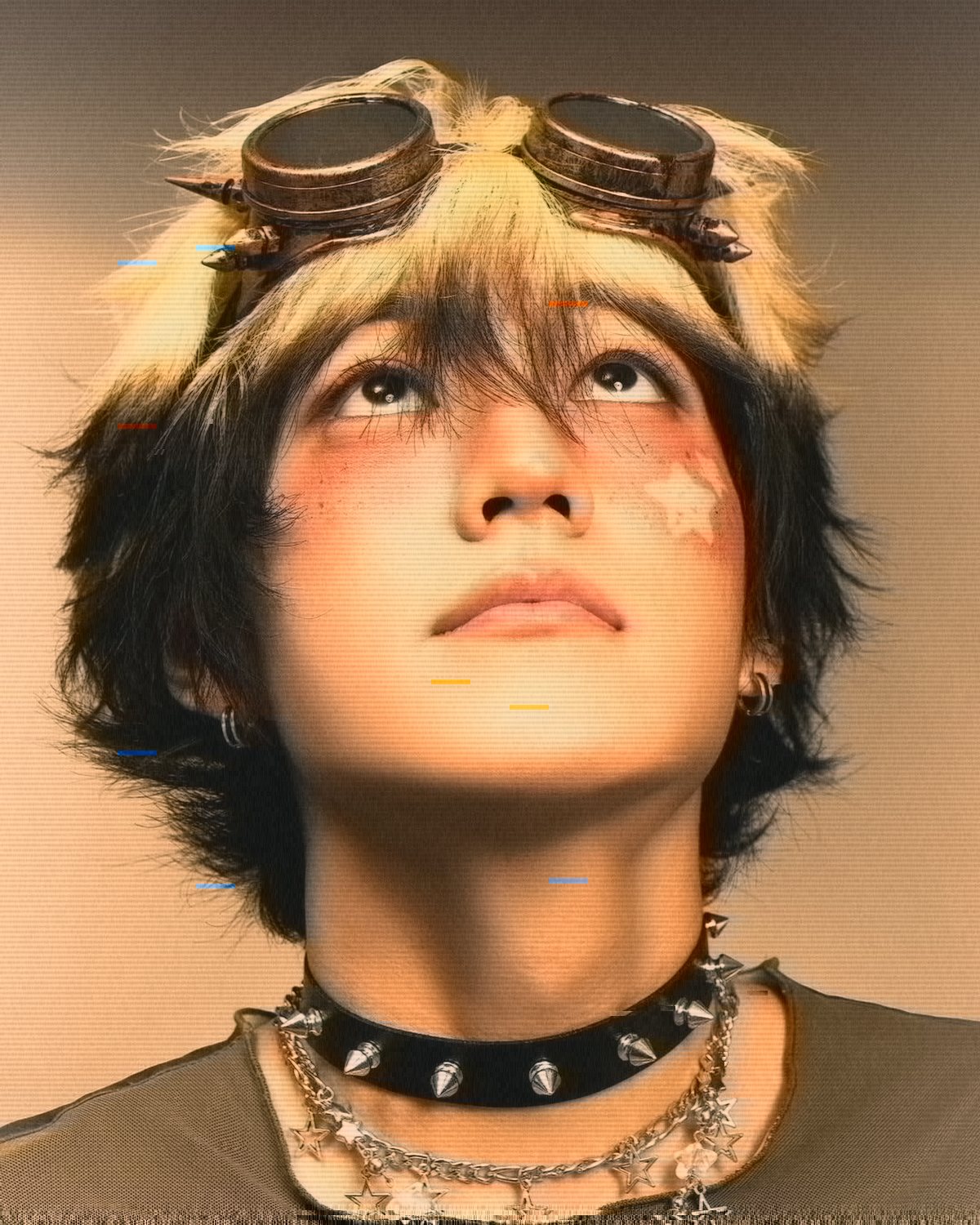VHS effect on a portrait of a person with goggles looking up, made with the VHS Tape filter in Filter Archive (SP Transfer preset)