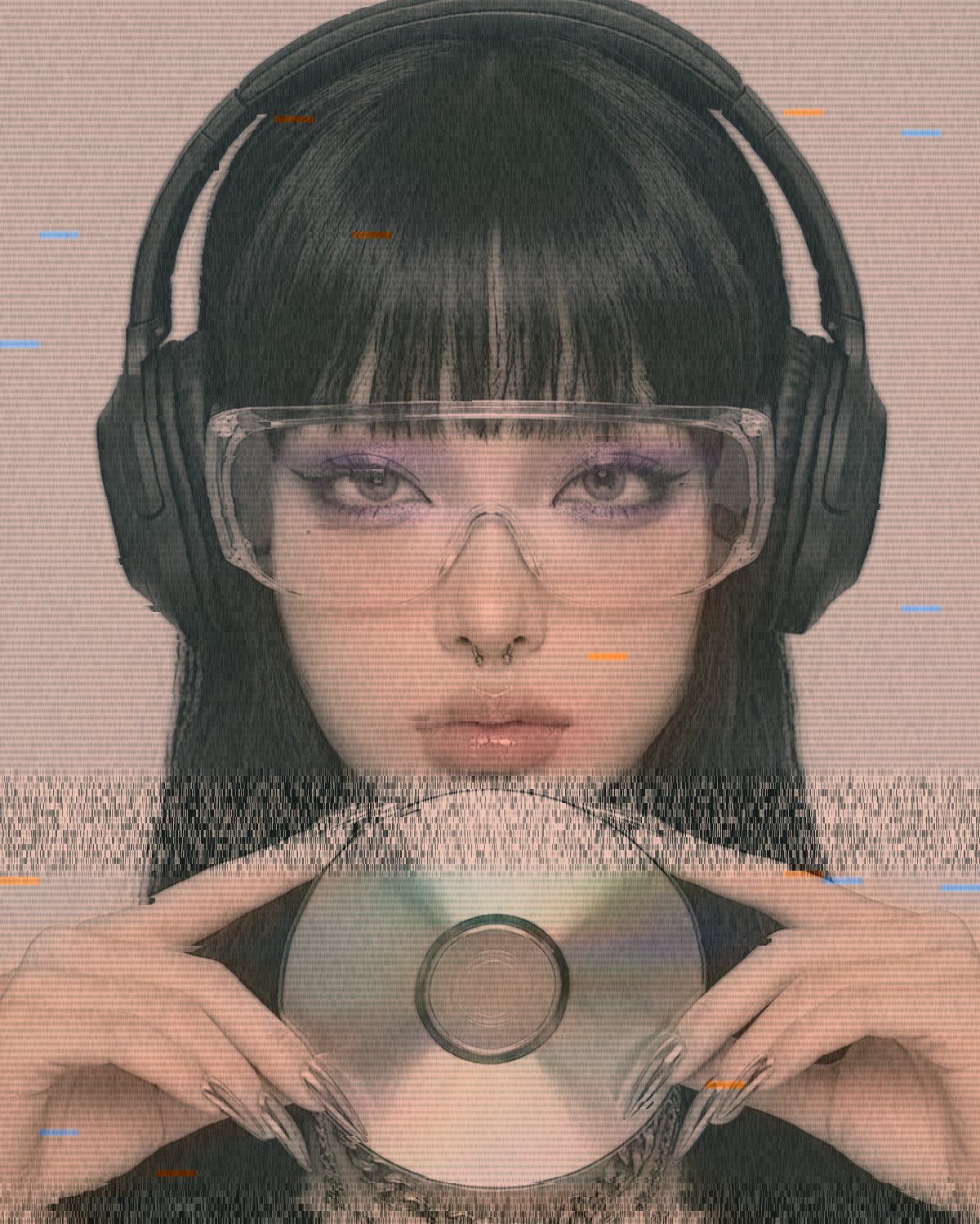 VHS effect on a portrait of a woman in headphones holding a CD, made with the VHS Tape filter in Filter Archive (Sixth Generation preset)