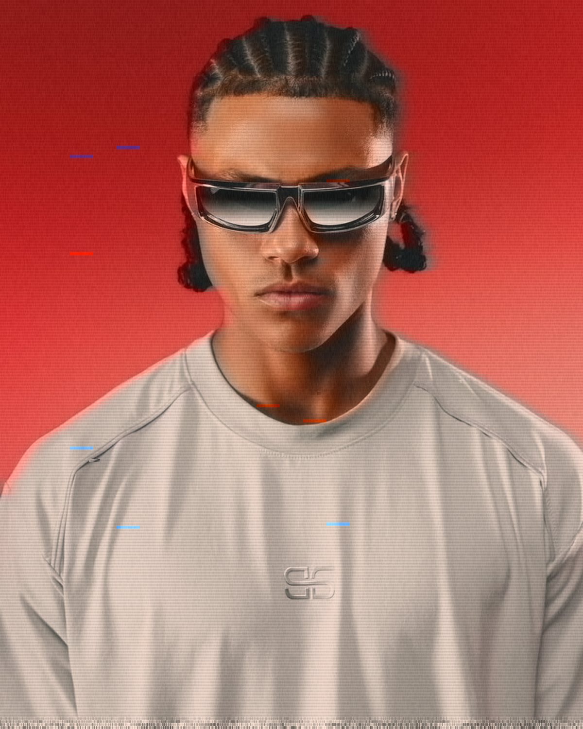 VHS effect on a portrait of a man in sunglasses on a red background, made with the VHS Tape filter in Filter Archive (SP Transfer preset)