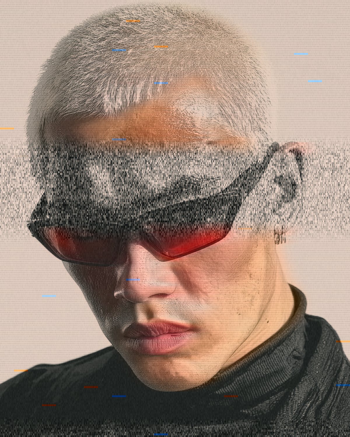 VHS effect on a portrait of a man with silver hair and red sunglasses, made with the VHS Tape filter in Filter Archive (Tracking Lost preset)