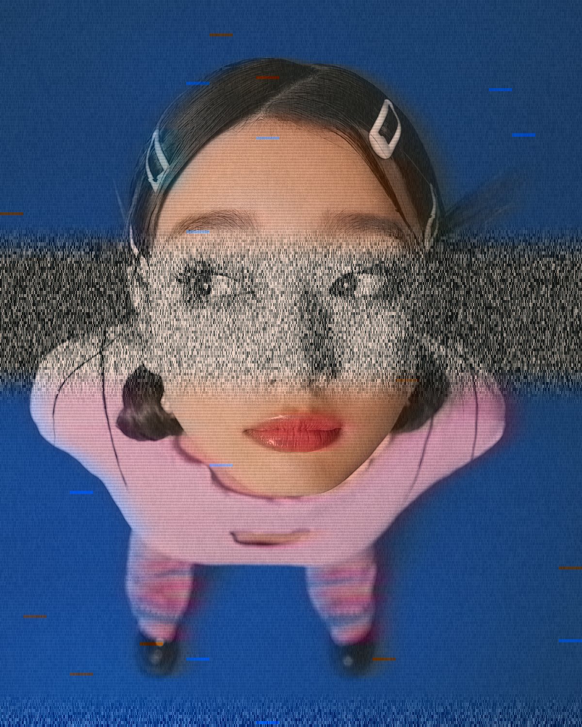VHS effect on a wide-angle portrait of a woman looking up at the camera, made with the VHS Tape filter in Filter Archive (Tracking Lost preset)