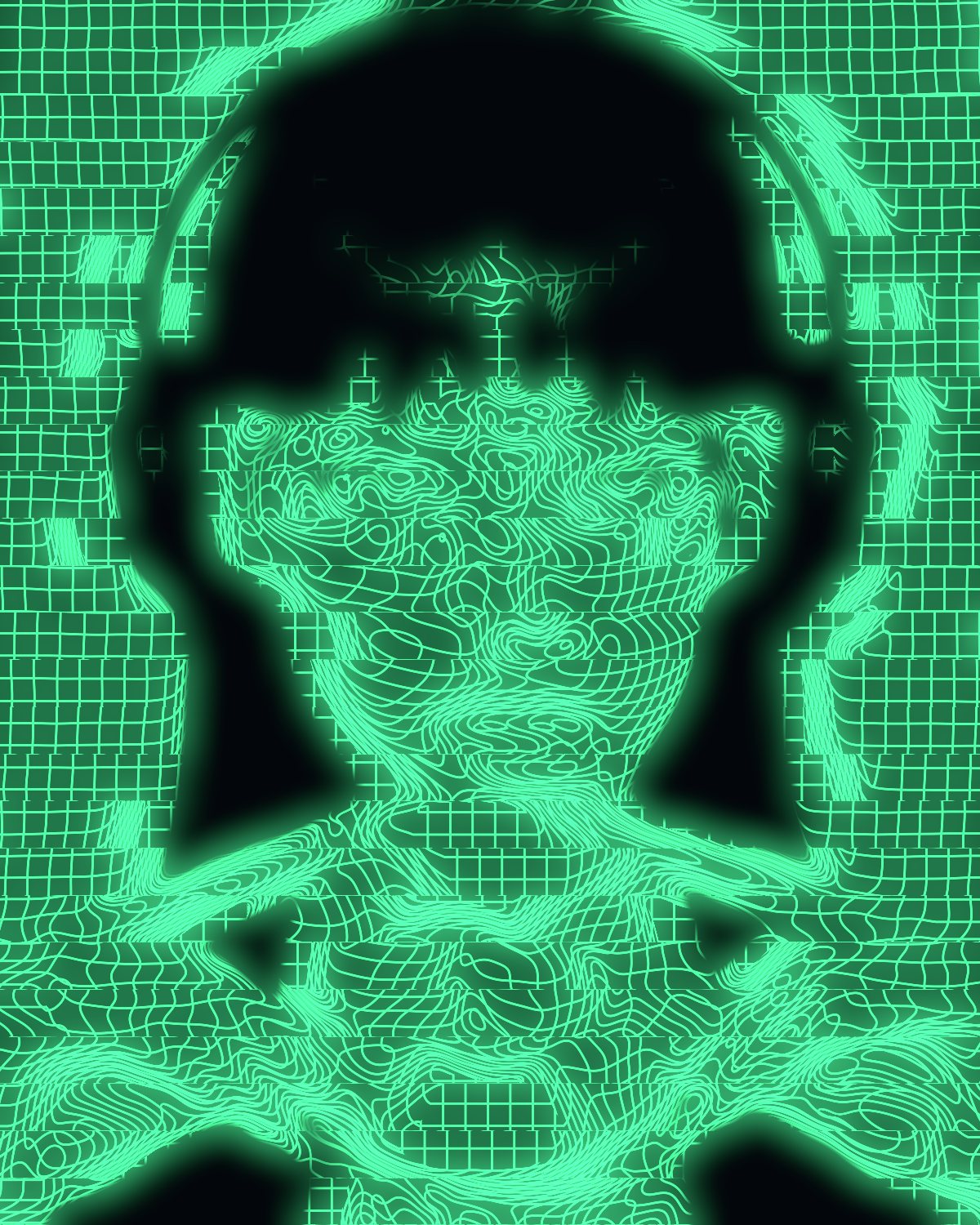 Wireframe effect on a portrait of a woman in headphones holding a CD, made with the Wireframe filter in Filter Archive (Sliced Scan preset)