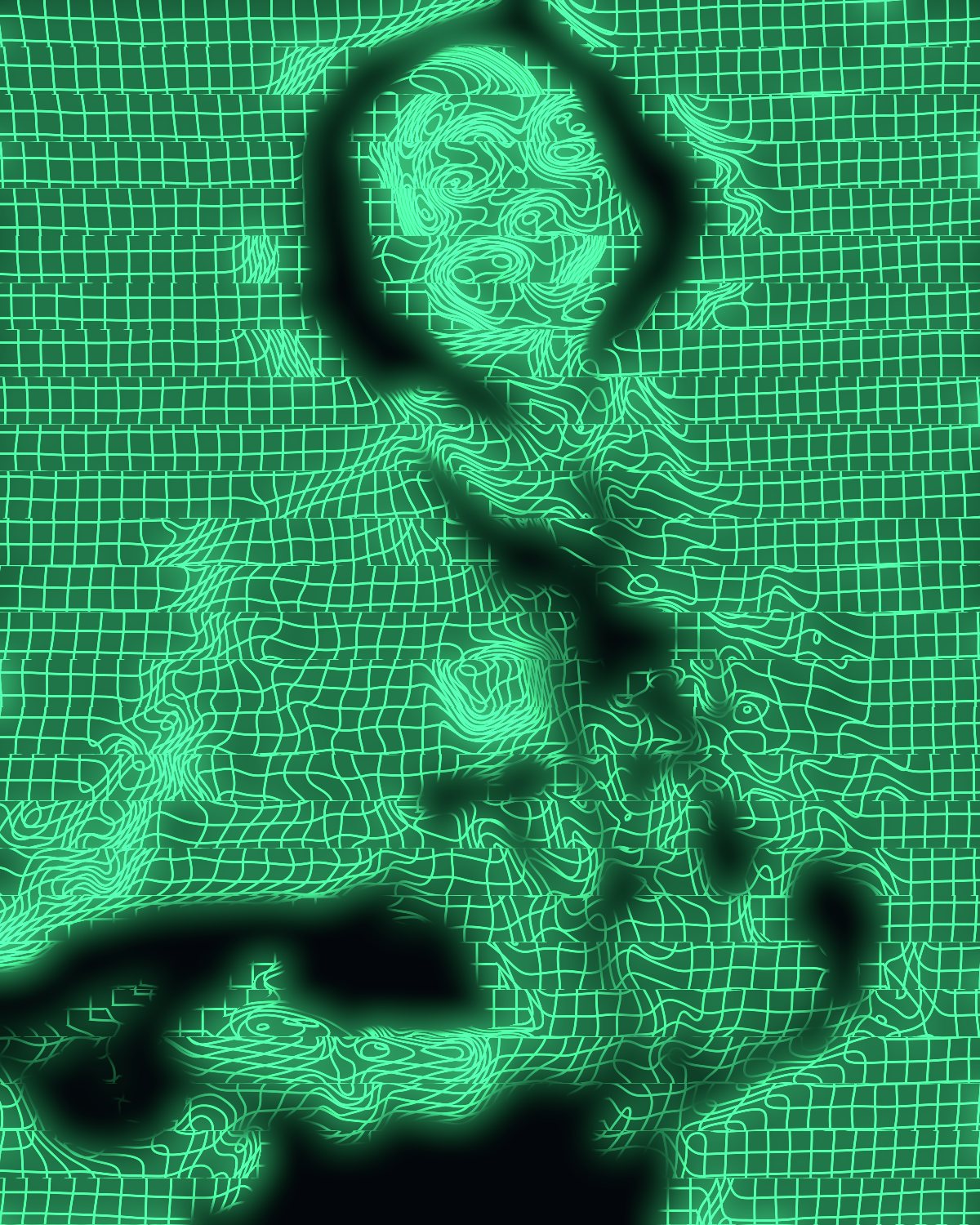 Wireframe effect on a portrait of a woman in a red jacket on a blue background, made with the Wireframe filter in Filter Archive (Sliced Scan preset)