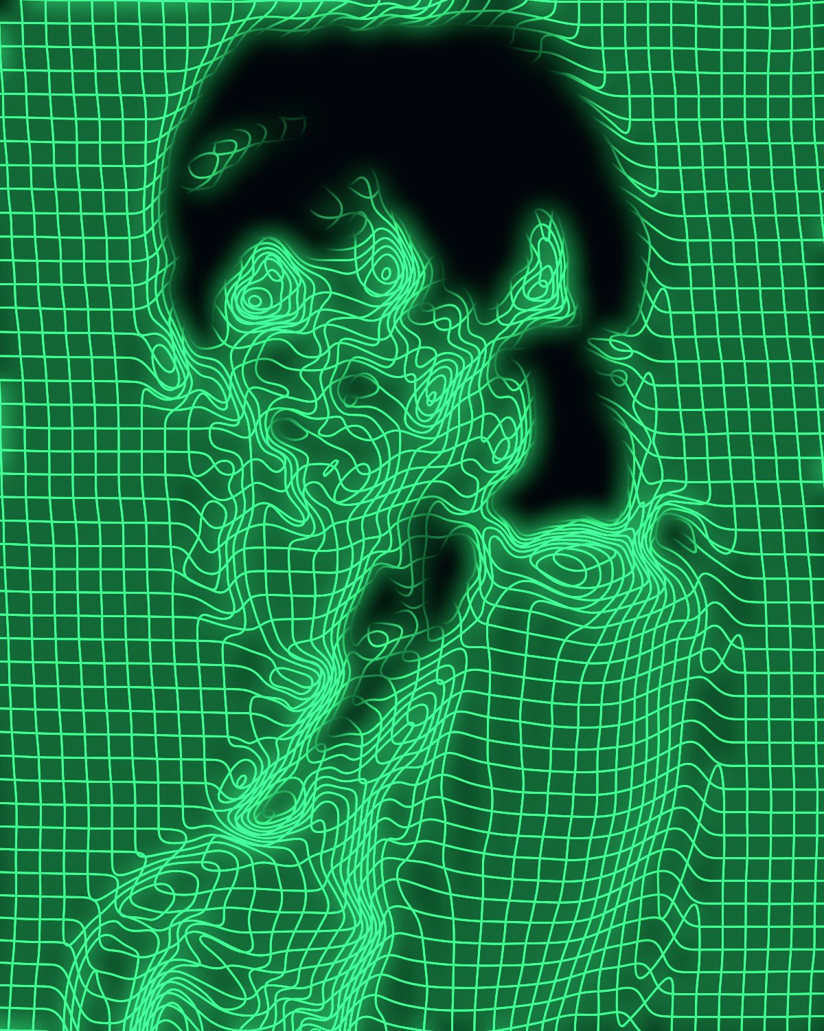 Wireframe effect on a portrait of a woman with silver chains on a grey background, made with the Wireframe filter in Filter Archive (Scan Mesh preset)