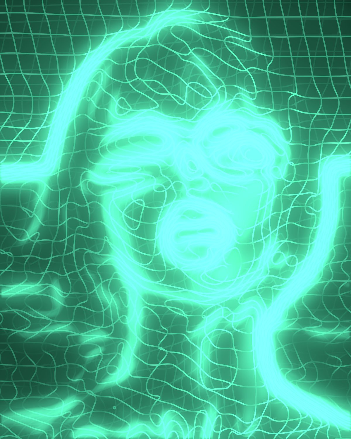 Wireframe effect on a portrait of a woman with silver hair and blue sunglasses by the sea, made with the Wireframe filter in Filter Archive (Blueprint preset)