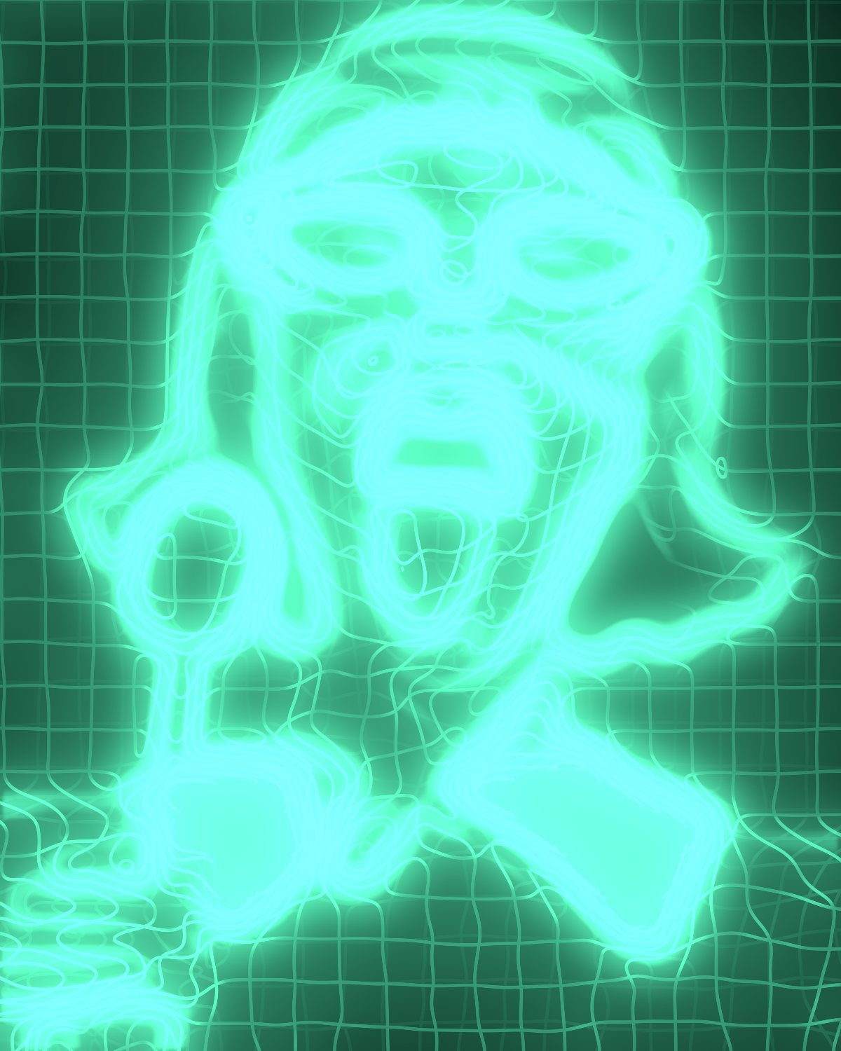 Wireframe effect on a portrait of a woman in white sunglasses with a lollipop, made with the Wireframe filter in Filter Archive (Blueprint preset)