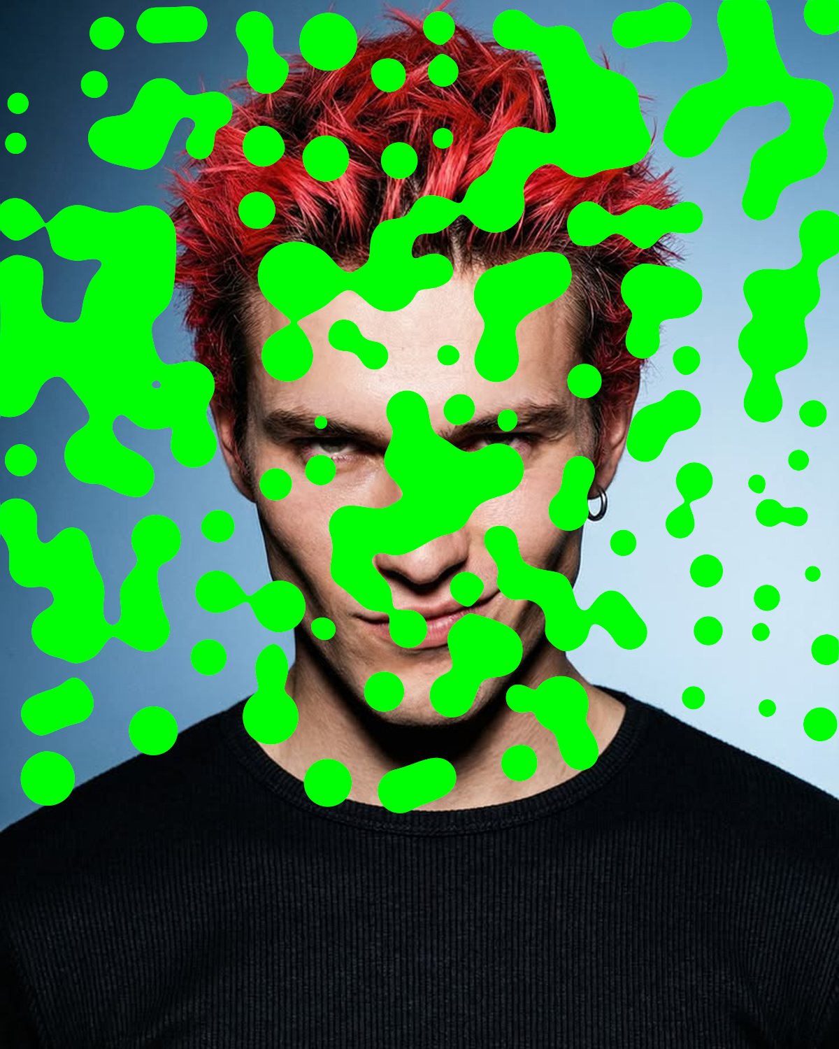 Metaball effect on a portrait of a man with spiky red hair on a blue background, made with the Acid filter in Filter Archive (Slime preset)
