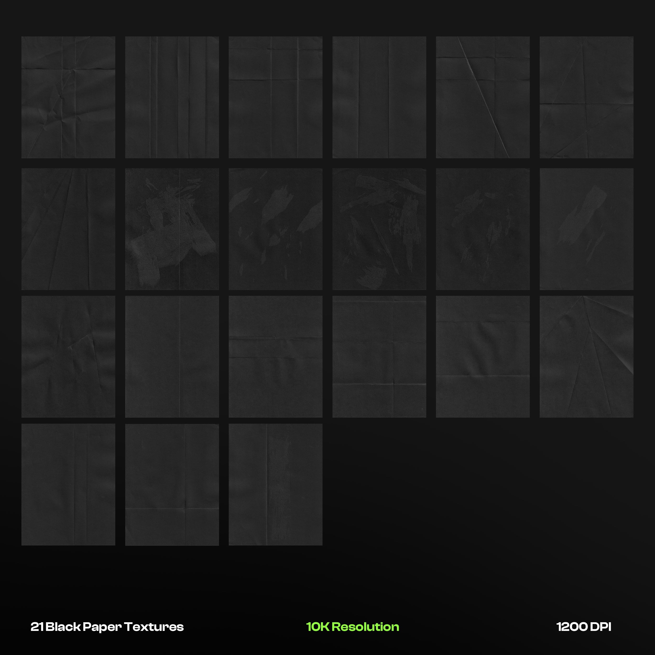 Black Folded Paper Textures (10K Resolution, 1200 DPI, 21 Textures)