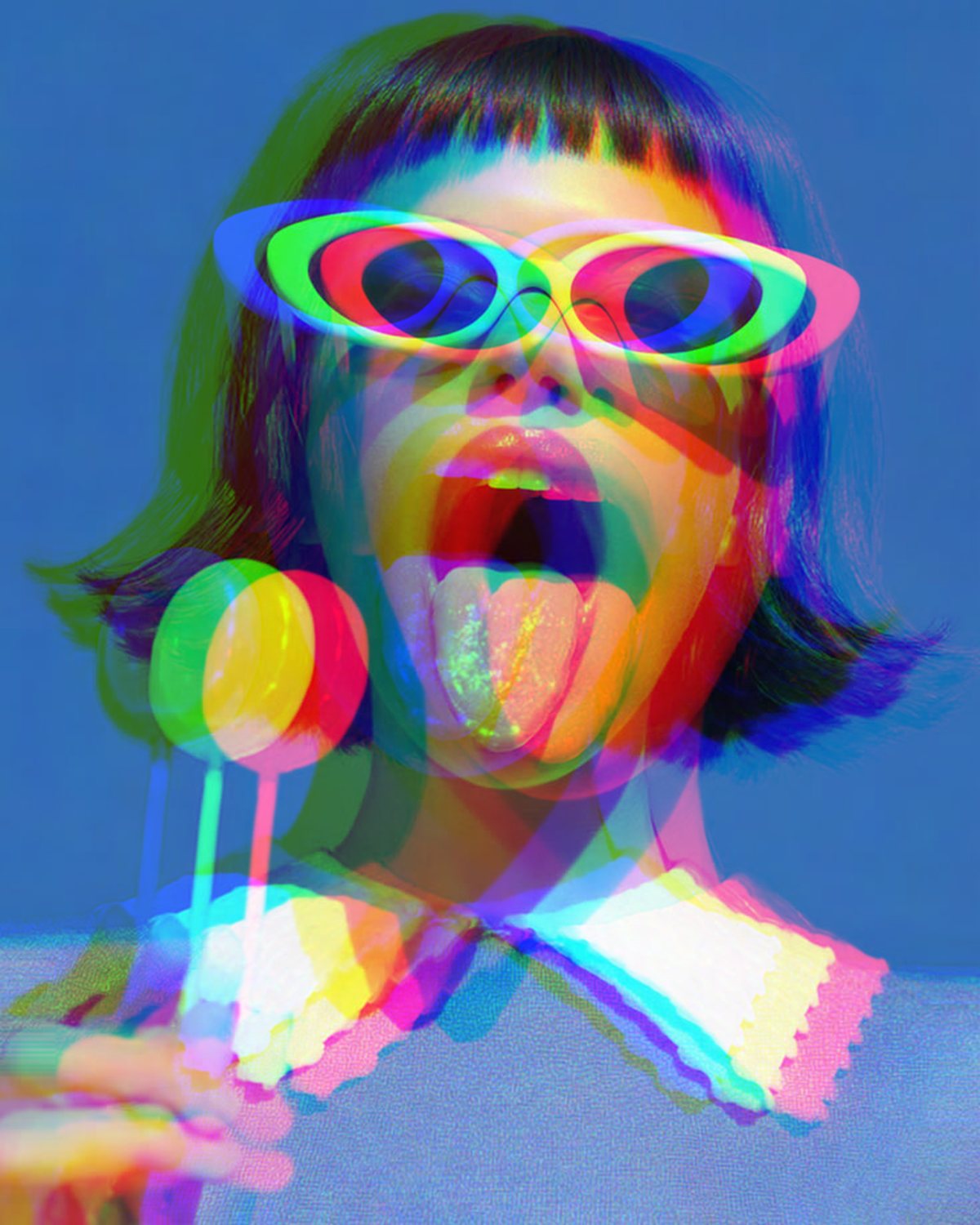 Chromatic aberration effect on a portrait of a woman in white sunglasses with a lollipop, made with the Chromatic Aberration filter in Filter Archive (Hard Split preset)