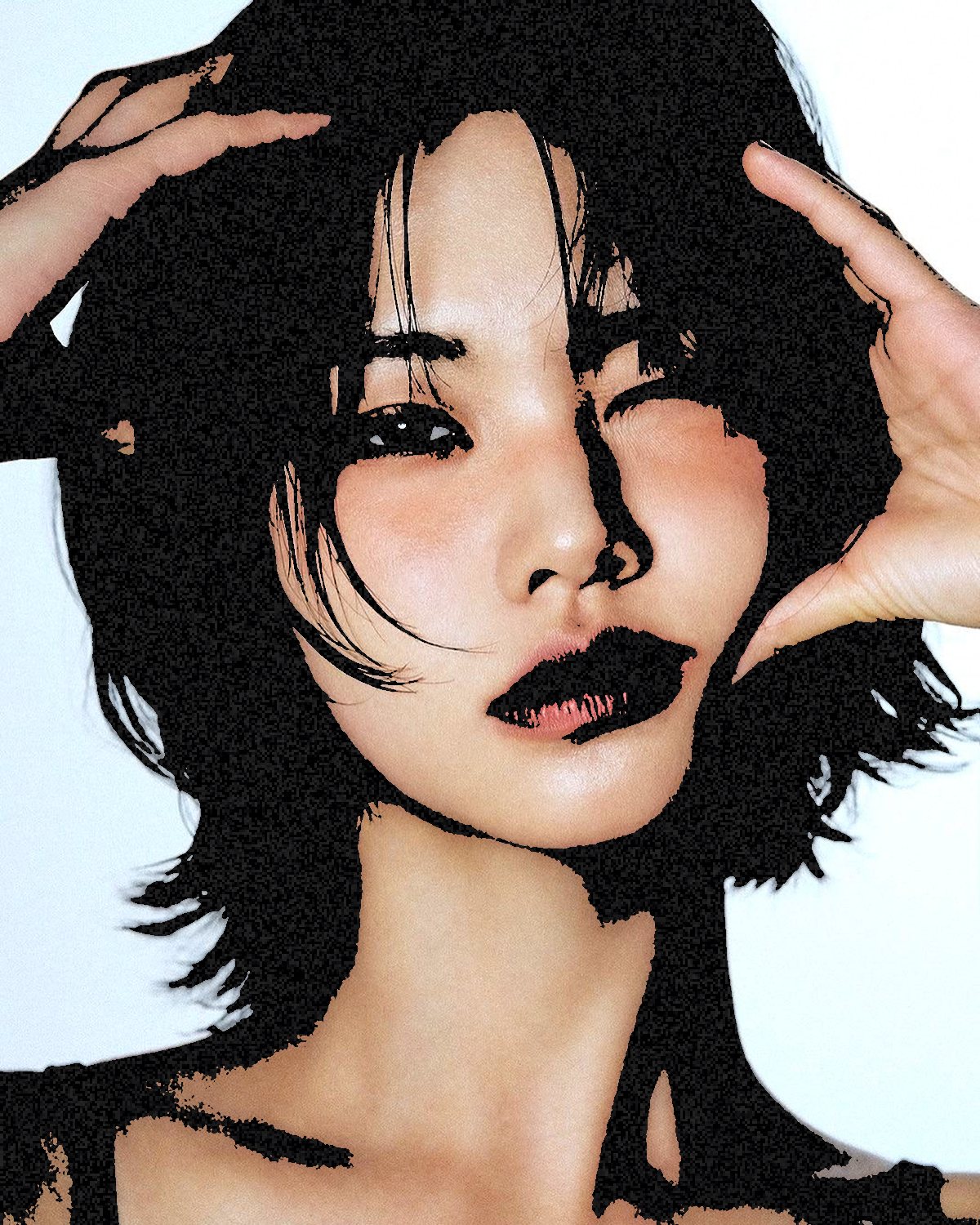 Colour photocopy effect on a portrait of a woman with black hair, hands on her head, made with the Colour Threshold filter in Filter Archive (Hard Copy preset)