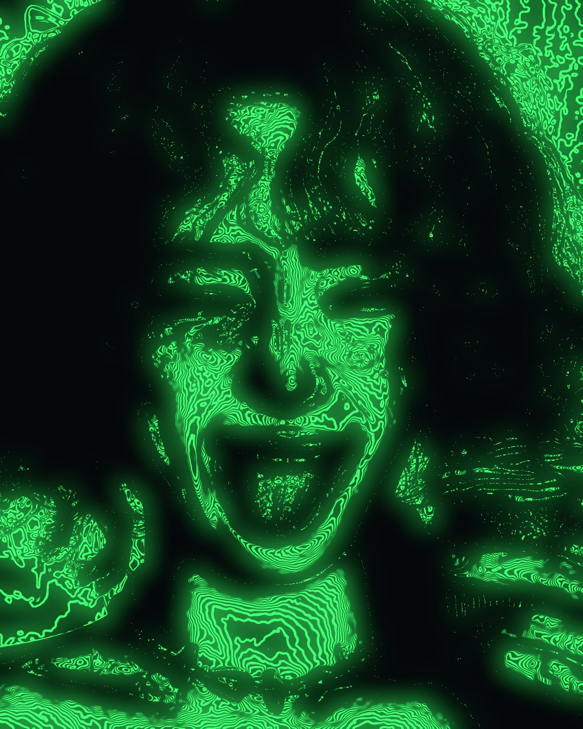 Contour line effect on a portrait of a laughing woman with pink curly hair, made with the Contour Field filter in Filter Archive (Sonar preset)